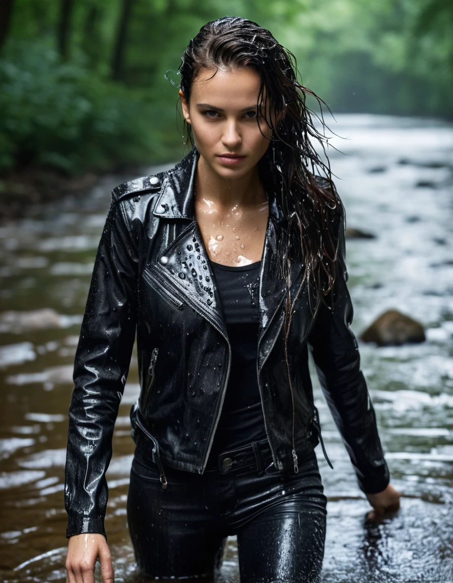 photo of young woman, in soaking wet, drenched clothes,
Black leather ankle boots, soaked and glistening, skin tight black leather jeans, saturated, black long sleeve leather shirt, black bikers leather jacket, walking in a river in the forest, drenched, close up, 
enjoying, wet clothes stuck to body,
detailed textures of the wet clothes, wet face, wet plastered hair,
wet, drenched, professional, high-quality details, full body view.
sharp focus, ultra-high pixel detail, realistic, high-quality, full colors, incredibly detailed, 4k, 8k, 16k, hyper-realistic, RAW photo, masterpiece, ultra-detailed, professionally color graded, professional photograph, saturated leather clinging to skin, intense flash photography, glossy wet borwn hair, water droplets on skin, sharp contrast, cinematic street lighting, high resolution, dry skin, dry clothes, dry fabric