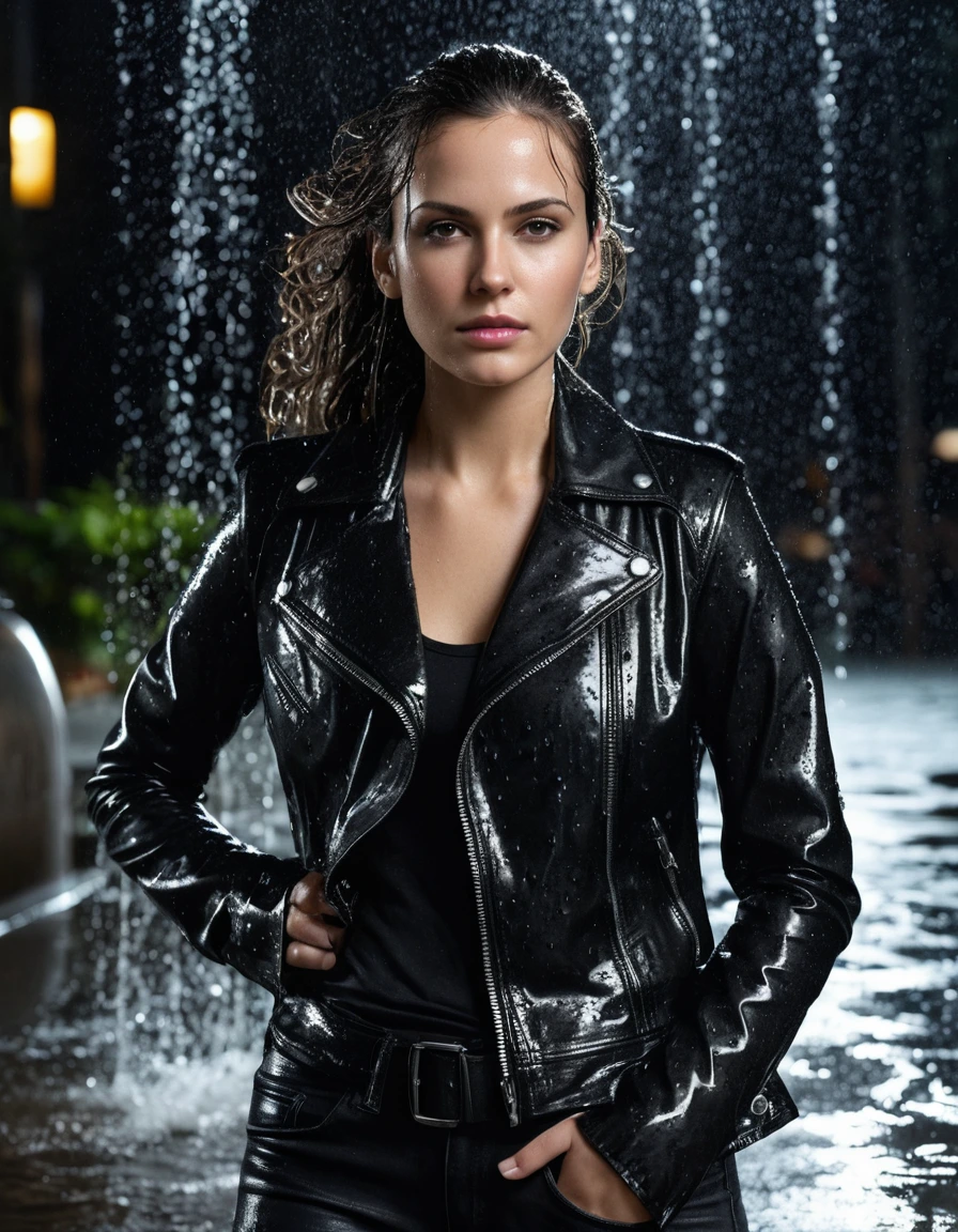 photo of young woman, in soaking wet, drenched clothes,
Black leather ankle boots, soaked and glistening, skin tight black leather jeans, saturated, black long sleeve leather shirt, black bikers leather jacket, standing under a fountain at night in heavy rain, close up, 
enjoying, wet clothes stuck to body,
detailed textures of the wet clothes, wet face, wet plastered hair,
wet, drenched, professional, high-quality details, full body view.
sharp focus, ultra-high pixel detail, realistic, high-quality, full colors, incredibly detailed, 4k, 8k, 16k, hyper-realistic, RAW photo, masterpiece, ultra-detailed, professionally color graded, professional photograph, broken sprinkler showering woman, saturated fabric clinging to skin, intense flash photography, glossy wet hair, water droplets on skin, sharp contrast, cinematic street lighting, high resolution, dry skin, dry clothes, dry fabric
