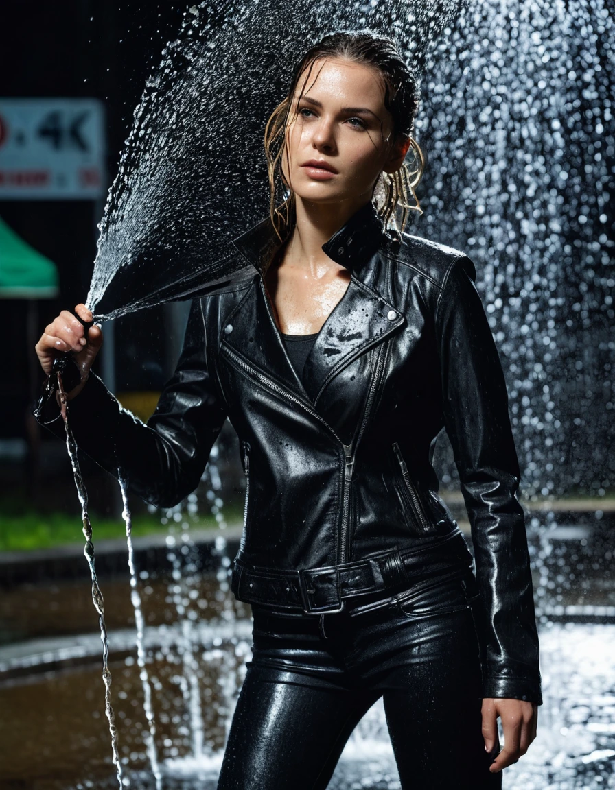 photo of young woman, in soaking wet, drenched clothes,
Black leather ankle boots, soaked and glistening, skin tight black leather jeans, saturated, black long sleeve leather shirt, black bikers leather jacket, standing under a fountain at night in heavy rain, close up, 
enjoying, wet clothes stuck to body,
detailed textures of the wet clothes, wet face, wet plastered hair,
wet, drenched, professional, high-quality details, full body view.
sharp focus, ultra-high pixel detail, realistic, high-quality, full colors, incredibly detailed, 4k, 8k, 16k, hyper-realistic, RAW photo, masterpiece, ultra-detailed, professionally color graded, professional photograph, broken sprinkler showering woman, saturated fabric clinging to skin, intense flash photography, glossy wet hair, water droplets on skin, sharp contrast, cinematic street lighting, high resolution, dry skin, dry clothes, dry fabric