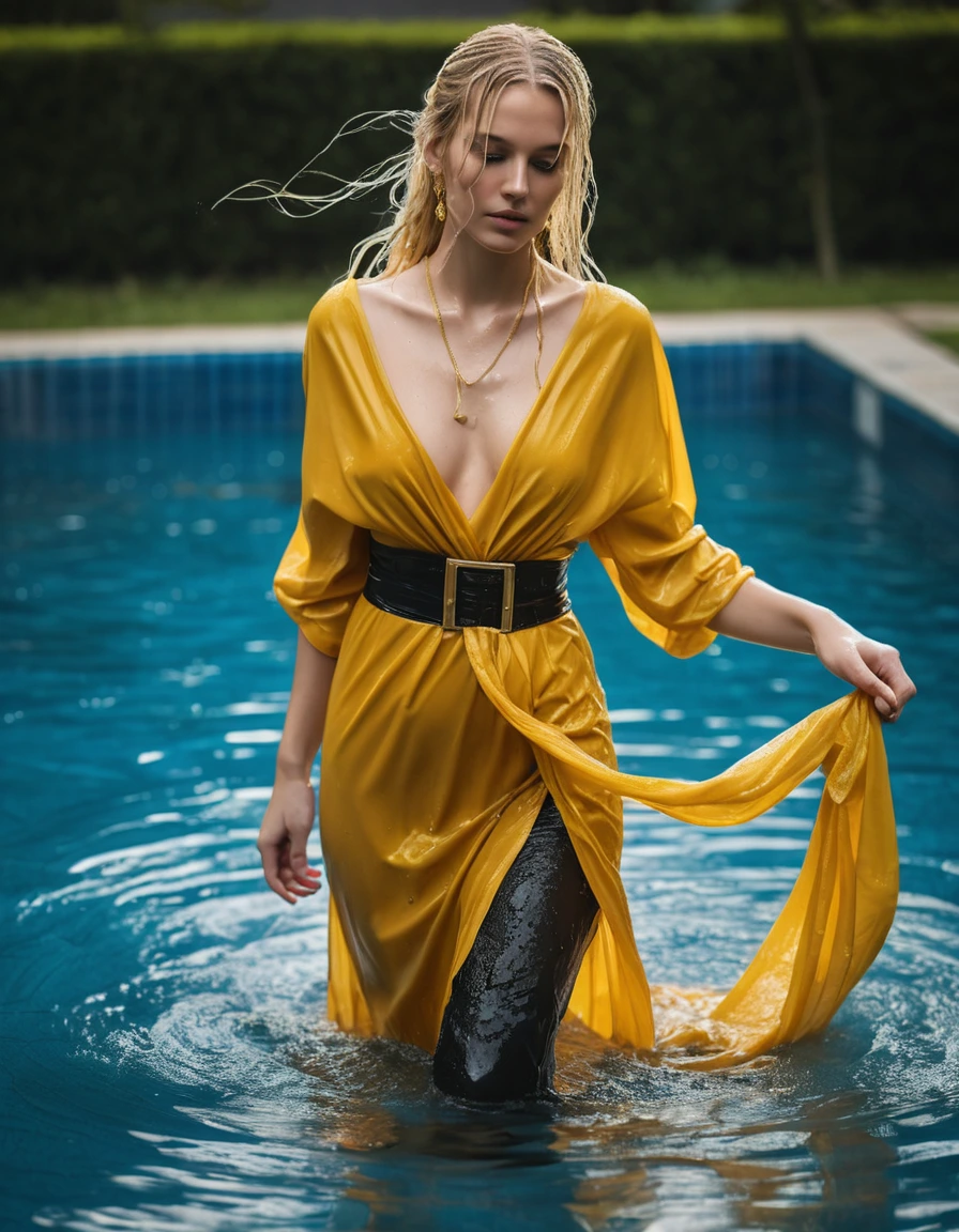 photo of young woman, in soaking wet, drenched clothes,
high heels, black stockings, black garter belt, floor-length yellow Amaya Draped Dress with sleeves, gold belt, walking out of a pool soaking wet, 
enjoying, wet clothes stuck to body,
detailed textures of the wet clothes, wet face, wet plastered hair,
wet, drenched, professional, high-quality details, full body view.
sharp focus, ultra-high pixel detail, realistic, high-quality, full colors, incredibly detailed, 4k, 8k, 16k, hyper-realistic, RAW photo, masterpiece, ultra-detailed, professionally color graded, professional photograph, wet long blonde hair, gold necklace, gold earrings, wet skin, wet clothes, wet fabric, dry skin, dry clothes, dry fabric
