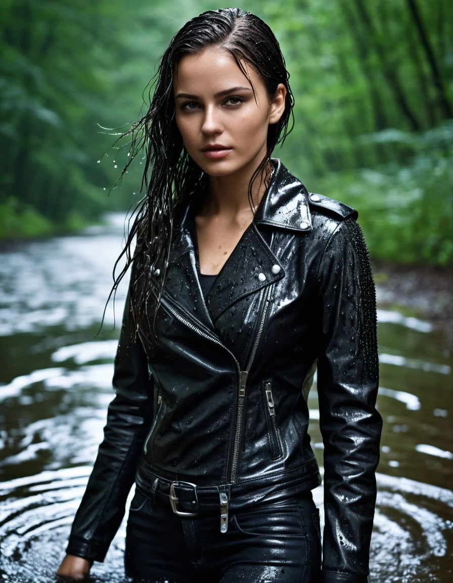 photo of young woman, in soaking wet, drenched clothes,
Black leather ankle boots, soaked and glistening, skin tight black leather jeans, saturated, black long sleeve leather shirt, black bikers leather jacket, walking in a river in the forest, drenched, close up, 
enjoying, wet clothes stuck to body,
detailed textures of the wet clothes, wet face, wet plastered hair,
wet, drenched, professional, high-quality details, full body view.
sharp focus, ultra-high pixel detail, realistic, high-quality, full colors, incredibly detailed, 4k, 8k, 16k, hyper-realistic, RAW photo, masterpiece, ultra-detailed, professionally color graded, professional photograph, saturated leather clinging to skin, intense flash photography, glossy wet hair, water droplets on skin, sharp contrast, cinematic street lighting, high resolution, dry skin, dry clothes, dry fabric