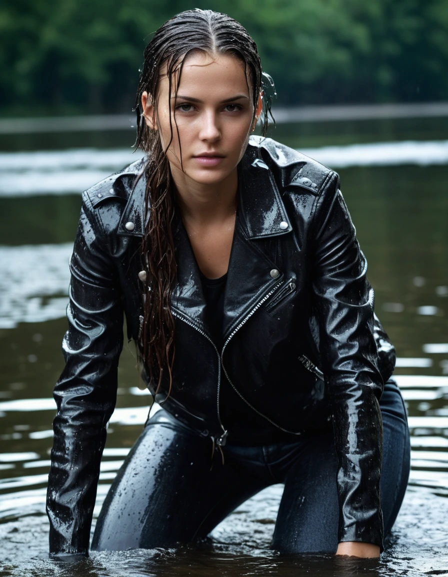 photo of young woman, in soaking wet, drenched clothes,
Black leather ankle boots, soaked and glistening, skin tight black leather jeans, saturated, black long sleeve leather shirt, black bikers leather jacket, swimming in a lake, drenched, close up, 
enjoying, wet clothes stuck to body,
detailed textures of the wet clothes, wet face, wet plastered hair,
wet, drenched, professional, high-quality details, full body view.
sharp focus, ultra-high pixel detail, realistic, high-quality, full colors, incredibly detailed, 4k, 8k, 16k, hyper-realistic, RAW photo, masterpiece, ultra-detailed, professionally color graded, professional photograph, saturated leather clinging to skin, intense flash photography, glossy wet borwn hair, water droplets on skin, sharp contrast, cinematic street lighting, high resolution, dry skin, dry clothes, dry fabric