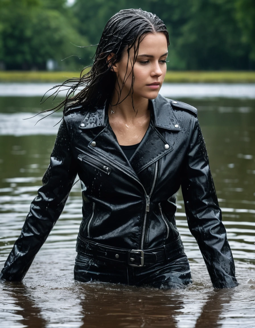 photo of young woman, in soaking wet, drenched clothes,
Black leather ankle boots, soaked and glistening, skin tight black leather jeans, saturated, black long sleeve leather shirt, black bikers leather jacket, swimming in a lake, drenched, close up, 
enjoying, wet clothes stuck to body,
detailed textures of the wet clothes, wet face, wet plastered hair,
wet, drenched, professional, high-quality details, full body view.
sharp focus, ultra-high pixel detail, realistic, high-quality, full colors, incredibly detailed, 4k, 8k, 16k, hyper-realistic, RAW photo, masterpiece, ultra-detailed, professionally color graded, professional photograph, saturated leather clinging to skin, intense flash photography, glossy wet borwn hair, water droplets on skin, sharp contrast, cinematic street lighting, high resolution, dry skin, dry clothes, dry fabric