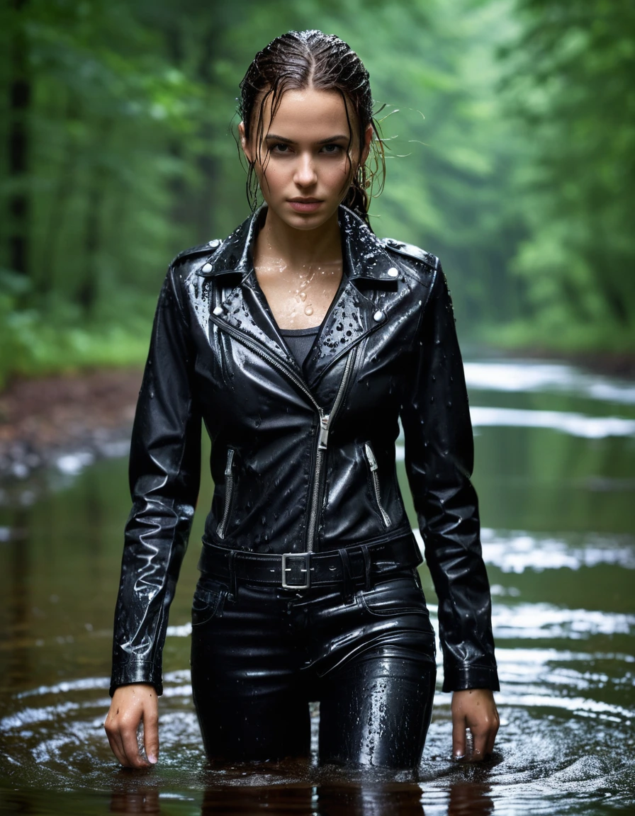 photo of young woman, in soaking wet, drenched clothes,
Black leather ankle boots, soaked and glistening, skin tight black leather jeans, saturated, black long sleeve leather shirt, black bikers leather jacket, walking in a river in the forest, drenched, close up, 
enjoying, wet clothes stuck to body,
detailed textures of the wet clothes, wet face, wet plastered hair,
wet, drenched, professional, high-quality details, full body view.
sharp focus, ultra-high pixel detail, realistic, high-quality, full colors, incredibly detailed, 4k, 8k, 16k, hyper-realistic, RAW photo, masterpiece, ultra-detailed, professionally color graded, professional photograph, saturated leather clinging to skin, intense flash photography, glossy wet borwn hair, water droplets on skin, sharp contrast, cinematic street lighting, high resolution, dry skin, dry clothes, dry fabric