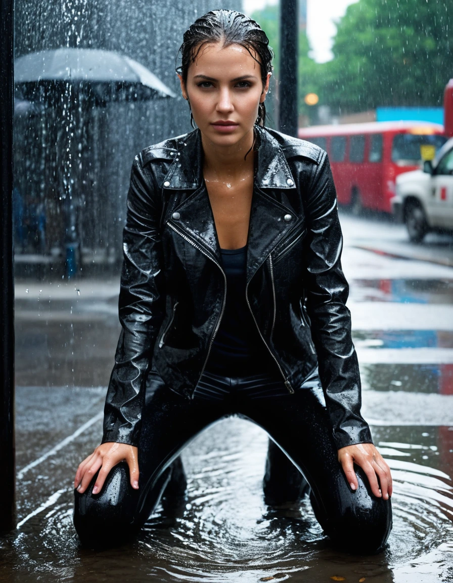 photo of young woman, in soaking wet, drenched clothes,
Black leather ankle boots, soaked and glistening, skin tight black leather jeans, saturated, black long sleeve leather shirt, black bikers leather jacket, urban glass bus stop shelter, 
enjoying, wet clothes stuck to body,
detailed textures of the wet clothes, wet face, wet plastered hair,
wet, drenched, professional, high-quality details, full body view.
sharp focus, ultra-high pixel detail, realistic, high-quality, full colors, incredibly detailed, 4k, 8k, 16k, hyper-realistic, RAW photo, masterpiece, ultra-detailed, professionally color graded, professional photograph, broken sprinkler showering woman, saturated fabric clinging to skin, intense flash photography, glossy wet hair, water droplets on skin, sharp contrast, cinematic street lighting, high resolution, dry skin, dry clothes, dry fabric