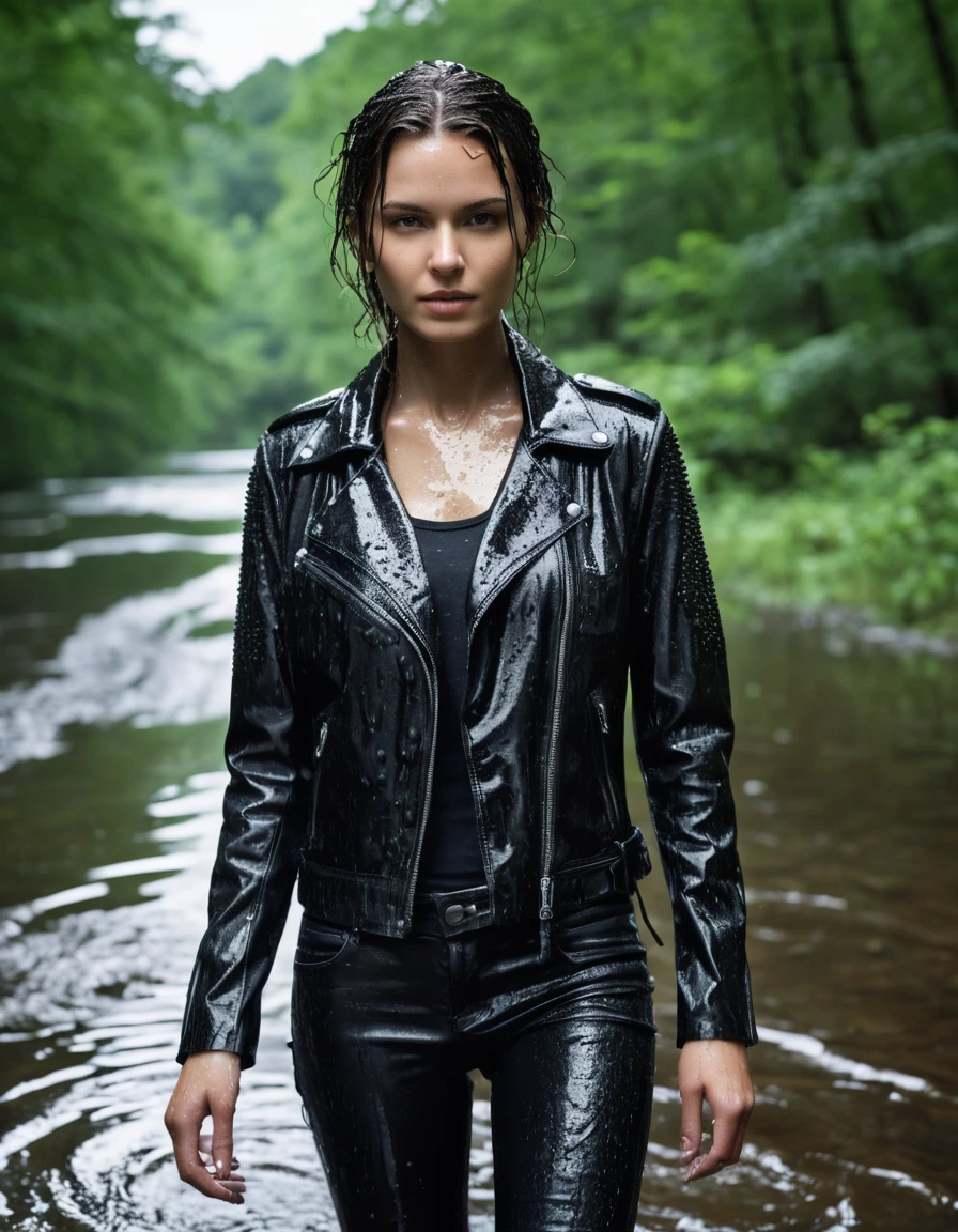 photo of young woman, in soaking wet, drenched clothes,
Black leather ankle boots, soaked and glistening, skin tight black leather jeans, saturated, black long sleeve leather shirt, black bikers leather jacket, walking waiste deep in a river in the forest, drenched, close up, 
enjoying, wet clothes stuck to body,
detailed textures of the wet clothes, wet face, wet plastered hair,
wet, drenched, professional, high-quality details, full body view.
sharp focus, ultra-high pixel detail, realistic, high-quality, full colors, incredibly detailed, 4k, 8k, 16k, hyper-realistic, RAW photo, masterpiece, ultra-detailed, professionally color graded, professional photograph, saturated leather clinging to skin, intense flash photography, glossy wet borwn hair, water droplets on skin, sharp contrast, cinematic street lighting, high resolution, dry skin, dry clothes, dry fabric