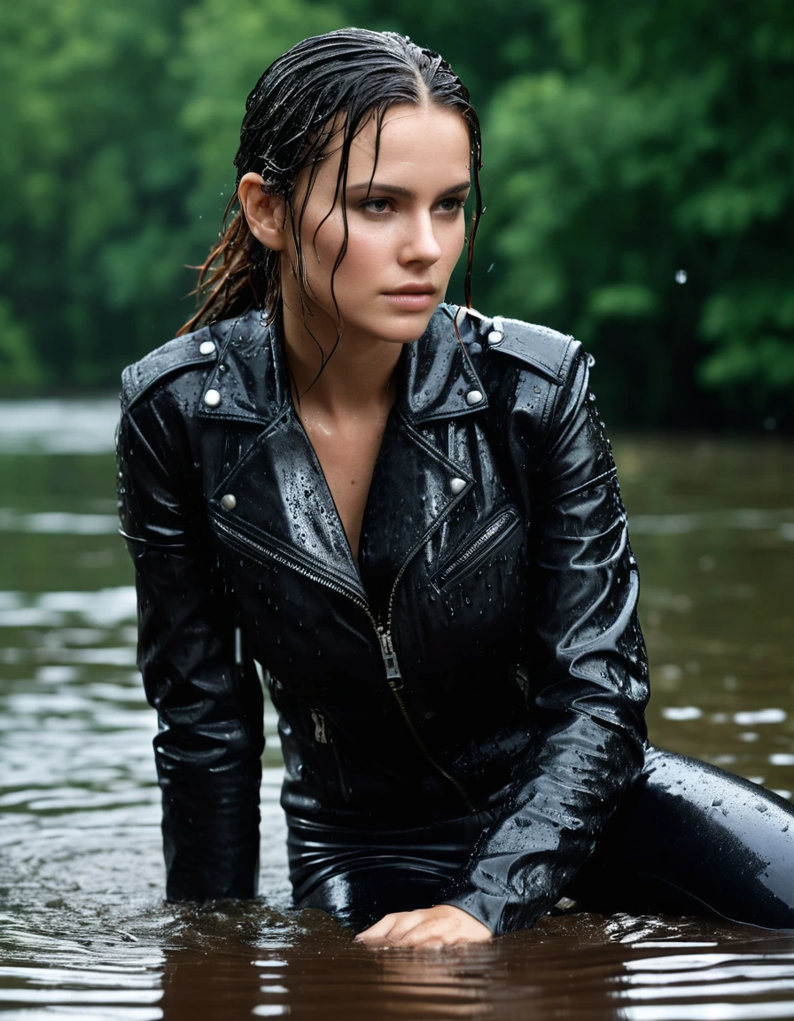 photo of young woman, in soaking wet, drenched clothes,
Black leather ankle boots, soaked and glistening, skin tight black leather jeans, saturated, black long sleeve leather shirt, black bikers leather jacket, swimming in a lake, drenched, close up, 
enjoying, wet clothes stuck to body,
detailed textures of the wet clothes, wet face, wet plastered hair,
wet, drenched, professional, high-quality details, full body view.
sharp focus, ultra-high pixel detail, realistic, high-quality, full colors, incredibly detailed, 4k, 8k, 16k, hyper-realistic, RAW photo, masterpiece, ultra-detailed, professionally color graded, professional photograph, saturated leather clinging to skin, intense flash photography, glossy wet borwn hair, water droplets on skin, sharp contrast, cinematic street lighting, high resolution, dry skin, dry clothes, dry fabric