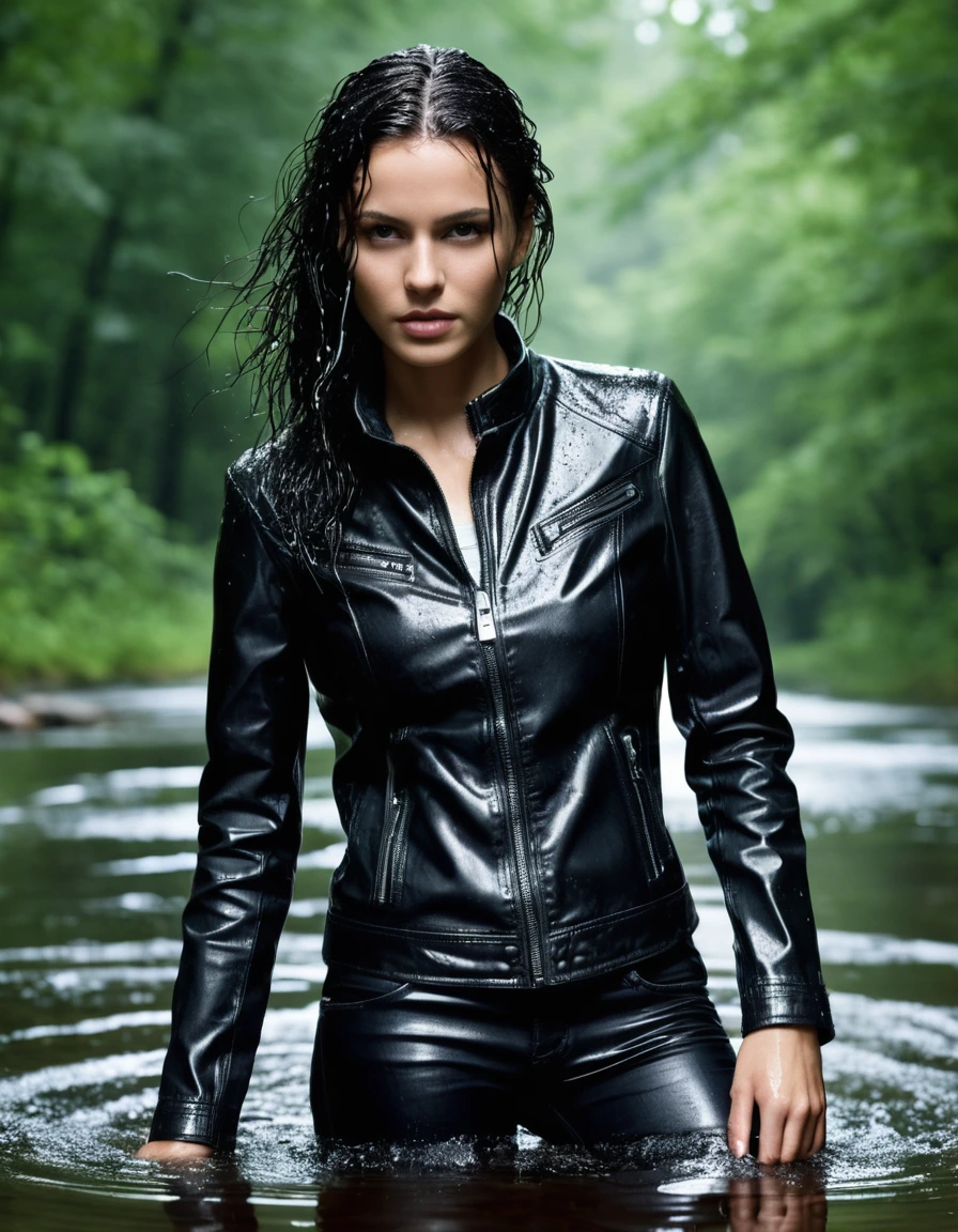 photo of young woman, in soaking wet, drenched clothes,
Black leather ankle boots, soaked and glistening, skin tight black leather jeans, saturated, black long sleeve leather shirt, black bikers leather jacket, walking in a river in the forest, drenched, close up, 
enjoying, wet clothes stuck to body,
detailed textures of the wet clothes, wet face, wet plastered hair,
wet, drenched, professional, high-quality details, full body view.
sharp focus, ultra-high pixel detail, realistic, high-quality, full colors, incredibly detailed, 4k, 8k, 16k, hyper-realistic, RAW photo, masterpiece, ultra-detailed, professionally color graded, professional photograph, saturated leather clinging to skin, intense flash photography, glossy wet hair, water droplets on skin, sharp contrast, cinematic street lighting, high resolution, dry skin, dry clothes, dry fabric