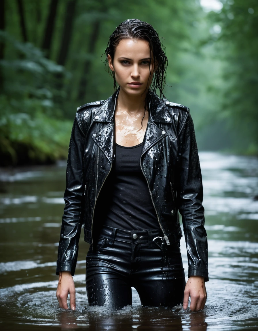 photo of young woman, in soaking wet, drenched clothes,
Black leather ankle boots, soaked and glistening, skin tight black leather jeans, saturated, black long sleeve leather shirt, black bikers leather jacket, walking in a river in the forest, drenched, close up, 
enjoying, wet clothes stuck to body,
detailed textures of the wet clothes, wet face, wet plastered hair,
wet, drenched, professional, high-quality details, full body view.
sharp focus, ultra-high pixel detail, realistic, high-quality, full colors, incredibly detailed, 4k, 8k, 16k, hyper-realistic, RAW photo, masterpiece, ultra-detailed, professionally color graded, professional photograph, saturated leather clinging to skin, intense flash photography, glossy wet hair, water droplets on skin, sharp contrast, cinematic street lighting, high resolution, dry skin, dry clothes, dry fabric
