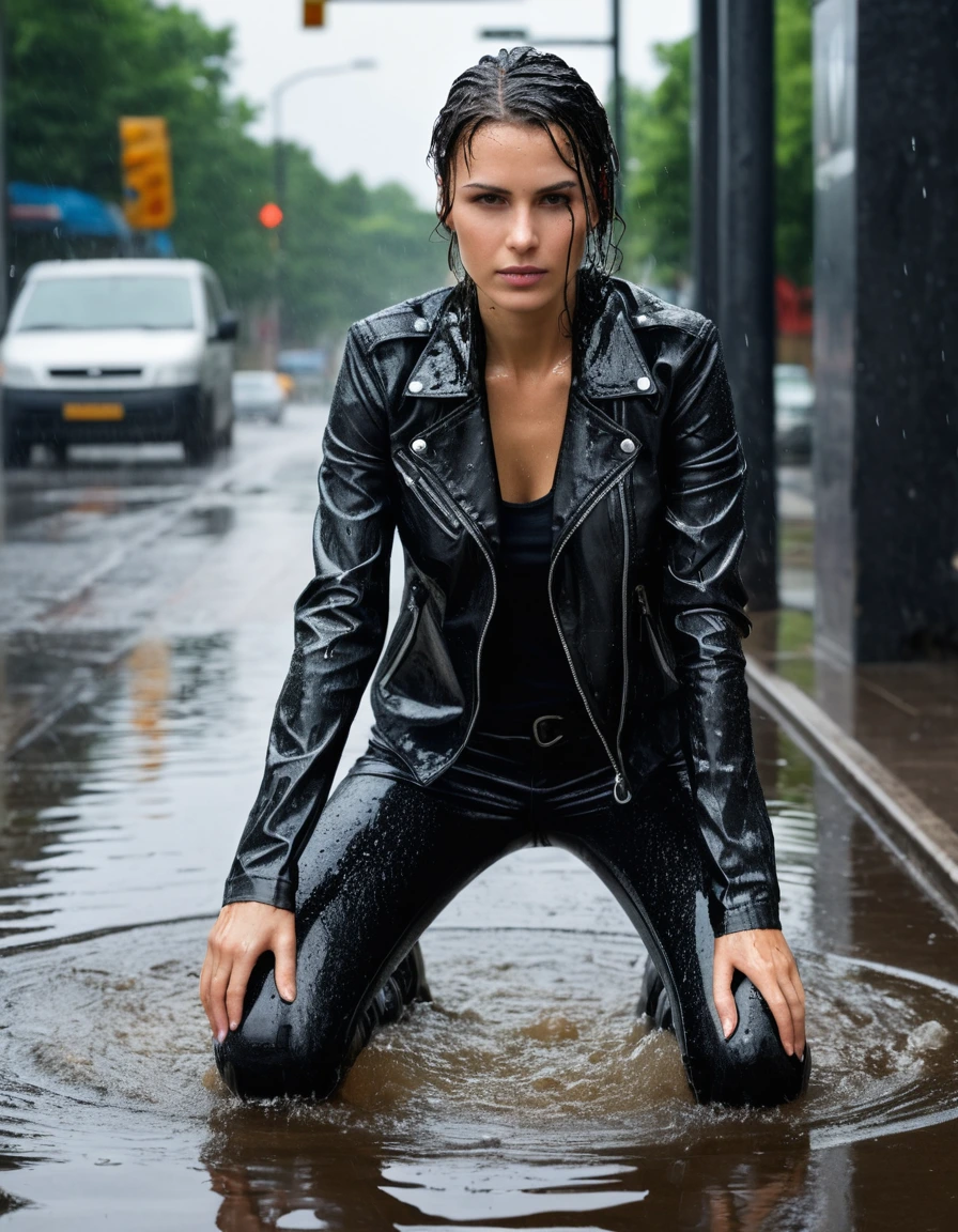 photo of young woman, in soaking wet, drenched clothes,
Black leather ankle boots, soaked and glistening, skin tight black leather jeans, saturated, black long sleeve leather shirt, black bikers leather jacket, urban glass bus stop shelter, 
enjoying, wet clothes stuck to body,
detailed textures of the wet clothes, wet face, wet plastered hair,
wet, drenched, professional, high-quality details, full body view.
sharp focus, ultra-high pixel detail, realistic, high-quality, full colors, incredibly detailed, 4k, 8k, 16k, hyper-realistic, RAW photo, masterpiece, ultra-detailed, professionally color graded, professional photograph, broken sprinkler showering woman, saturated fabric clinging to skin, intense flash photography, glossy wet hair, water droplets on skin, sharp contrast, cinematic street lighting, high resolution, dry skin, dry clothes, dry fabric