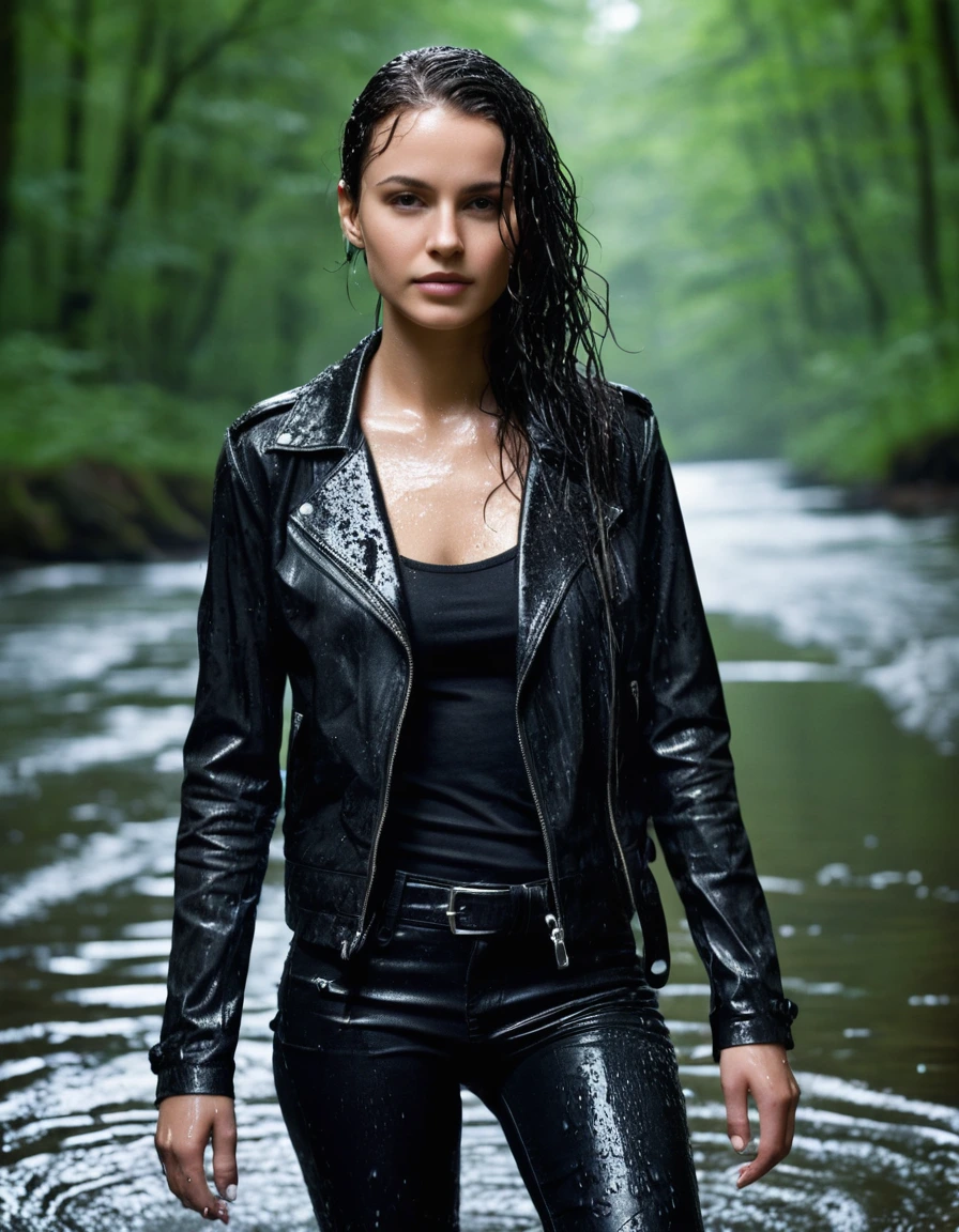 photo of young woman, in soaking wet, drenched clothes,
Black leather ankle boots, soaked and glistening, skin tight black leather jeans, saturated, black long sleeve leather shirt, black bikers leather jacket, walking in a river in the forest, drenched, close up, 
enjoying, wet clothes stuck to body,
detailed textures of the wet clothes, wet face, wet plastered hair,
wet, drenched, professional, high-quality details, full body view.
sharp focus, ultra-high pixel detail, realistic, high-quality, full colors, incredibly detailed, 4k, 8k, 16k, hyper-realistic, RAW photo, masterpiece, ultra-detailed, professionally color graded, professional photograph, saturated leather clinging to skin, intense flash photography, glossy wet hair, water droplets on skin, sharp contrast, cinematic street lighting, high resolution, dry skin, dry clothes, dry fabric