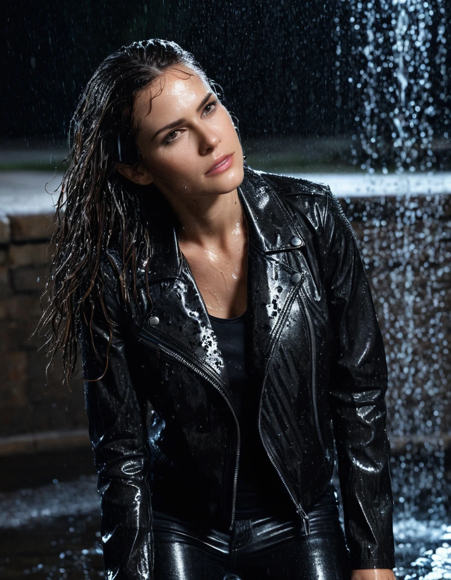 photo of young woman, in soaking wet, drenched clothes,
Black leather ankle boots, soaked and glistening, skin tight black leather jeans, saturated, black long sleeve leather shirt, black bikers leather jacket, standing under a fountain at night in heavy rain, close up, 
enjoying, wet clothes stuck to body,
detailed textures of the wet clothes, wet face, wet plastered hair,
wet, drenched, professional, high-quality details, full body view.
sharp focus, ultra-high pixel detail, realistic, high-quality, full colors, incredibly detailed, 4k, 8k, 16k, hyper-realistic, RAW photo, masterpiece, ultra-detailed, professionally color graded, professional photograph, broken sprinkler showering woman, saturated fabric clinging to skin, intense flash photography, glossy wet hair, water droplets on skin, sharp contrast, cinematic street lighting, high resolution, dry skin, dry clothes, dry fabric