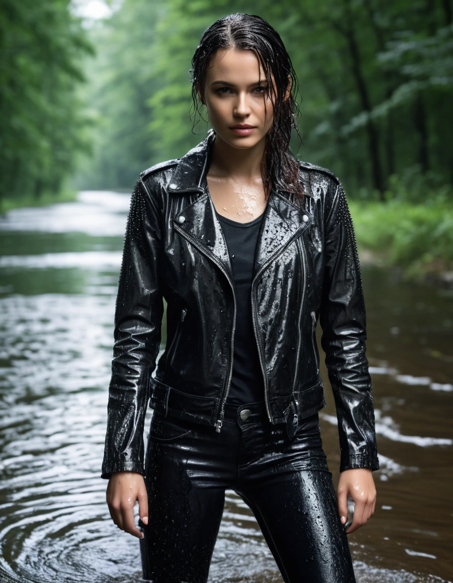 photo of young woman, in soaking wet, drenched clothes,
Black leather ankle boots, soaked and glistening, skin tight black leather jeans, saturated, black long sleeve leather shirt, black bikers leather jacket, walking waiste deep in a river in the forest, drenched, close up, 
enjoying, wet clothes stuck to body,
detailed textures of the wet clothes, wet face, wet plastered hair,
wet, drenched, professional, high-quality details, full body view.
sharp focus, ultra-high pixel detail, realistic, high-quality, full colors, incredibly detailed, 4k, 8k, 16k, hyper-realistic, RAW photo, masterpiece, ultra-detailed, professionally color graded, professional photograph, saturated leather clinging to skin, intense flash photography, glossy wet borwn hair, water droplets on skin, sharp contrast, cinematic street lighting, high resolution, dry skin, dry clothes, dry fabric
