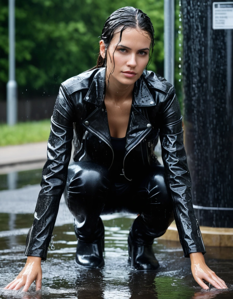 photo of young woman, in soaking wet, drenched clothes,
Black leather ankle boots, soaked and glistening, skin tight black leather jeans, saturated, black long sleeve leather shirt, black bikers leather jacket, urban glass bus stop shelter, 
enjoying, wet clothes stuck to body,
detailed textures of the wet clothes, wet face, wet plastered hair,
wet, drenched, professional, high-quality details, full body view.
sharp focus, ultra-high pixel detail, realistic, high-quality, full colors, incredibly detailed, 4k, 8k, 16k, hyper-realistic, RAW photo, masterpiece, ultra-detailed, professionally color graded, professional photograph, broken sprinkler showering woman, saturated fabric clinging to skin, intense flash photography, glossy wet hair, water droplets on skin, sharp contrast, cinematic street lighting, high resolution, dry skin, dry clothes, dry fabric