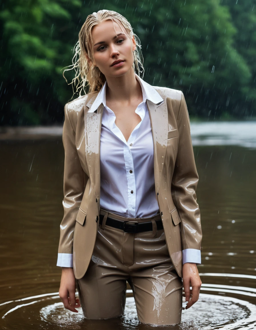 photo of young woman, in soaking wet, drenched clothes,
Beige Long Business Trouser, Beige Business Suit Jacket with white button down business shirt longsleeve, Clear Mountain lake with heavy rain, 
enjoying, wet clothes stuck to body,
detailed textures of the wet clothes, wet face, wet plastered hair,
wet, drenched, professional, high-quality details, full body view.
sharp focus, ultra-high pixel detail, realistic, high-quality, full colors, incredibly detailed, 4k, 8k, 16k, hyper-realistic, RAW photo, masterpiece, ultra-detailed, professionally color graded, professional photograph, young elegant beautiful white Blonde women, breast deep submerged, under a big rainshower, fully clothed, completely soaked, fully drenched, completely wet, wetlook, heavy rain, side parting, long hair, rain storm, looks confidently into camera, dry skin, dry clothes, dry fabric