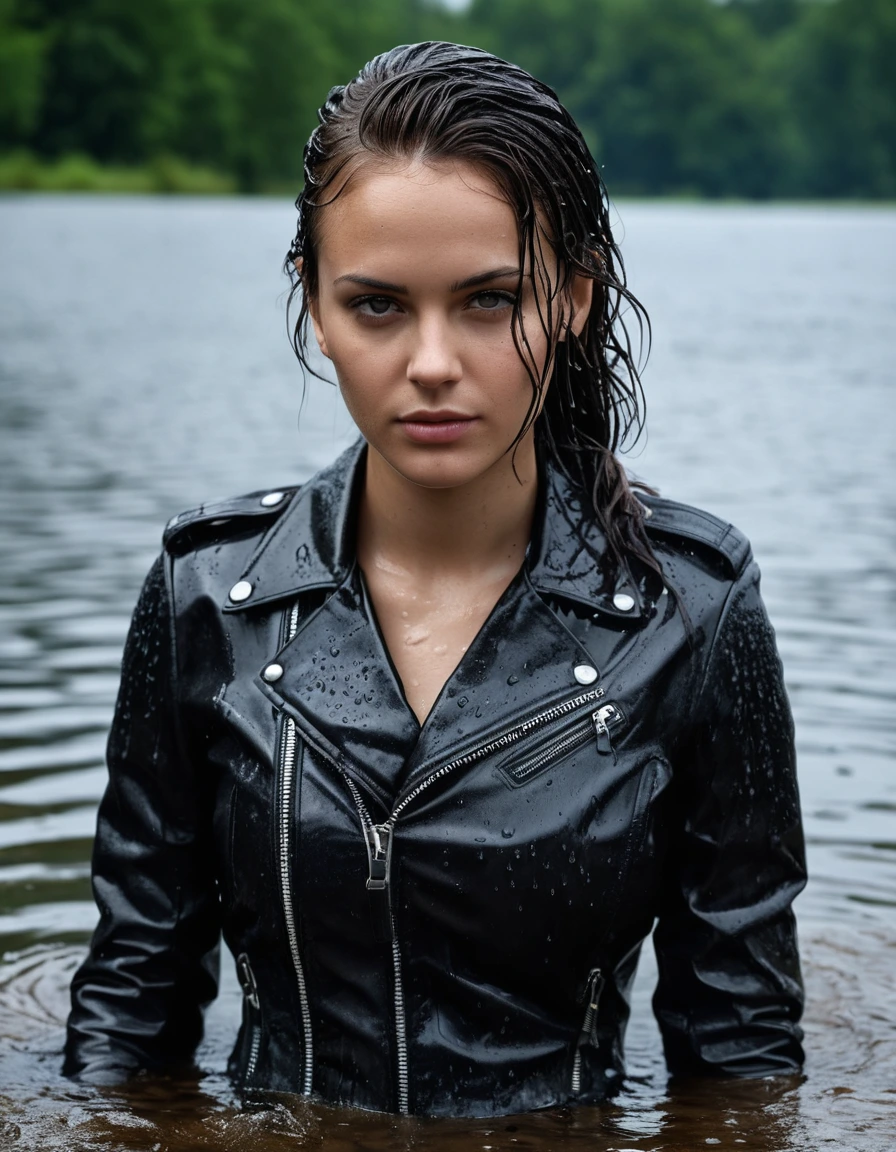 photo of young woman, in soaking wet, drenched clothes,
Black leather ankle boots, soaked and glistening, skin tight black leather jeans, saturated, black long sleeve leather shirt, black bikers leather jacket, swimming in a lake, drenched, close up, 
enjoying, wet clothes stuck to body,
detailed textures of the wet clothes, wet face, wet plastered hair,
wet, drenched, professional, high-quality details, full body view.
sharp focus, ultra-high pixel detail, realistic, high-quality, full colors, incredibly detailed, 4k, 8k, 16k, hyper-realistic, RAW photo, masterpiece, ultra-detailed, professionally color graded, professional photograph, saturated leather clinging to skin, intense flash photography, glossy wet borwn hair, water droplets on skin, sharp contrast, cinematic street lighting, high resolution, dry skin, dry clothes, dry fabric