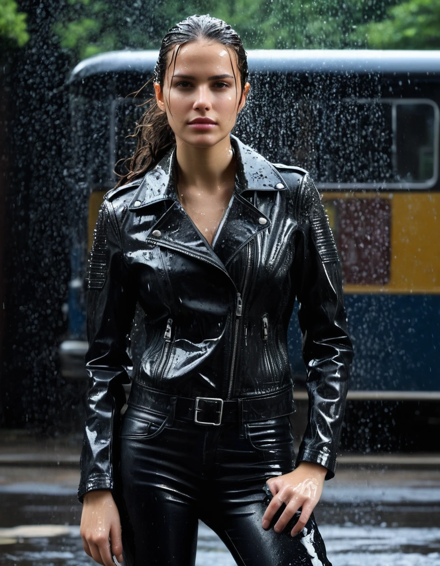 photo of young woman, in soaking wet, drenched clothes,
Black leather ankle boots, soaked and glistening, skin tight black leather jeans, saturated, black long sleeve leather shirt, black bikers leather jacket, urban glass bus stop shelter, 
enjoying, wet clothes stuck to body,
detailed textures of the wet clothes, wet face, wet plastered hair,
wet, drenched, professional, high-quality details, full body view.
sharp focus, ultra-high pixel detail, realistic, high-quality, full colors, incredibly detailed, 4k, 8k, 16k, hyper-realistic, RAW photo, masterpiece, ultra-detailed, professionally color graded, professional photograph, broken sprinkler showering woman, saturated fabric clinging to skin, intense flash photography, glossy wet hair, water droplets on skin, sharp contrast, cinematic street lighting, high resolution, dry skin, dry clothes, dry fabric