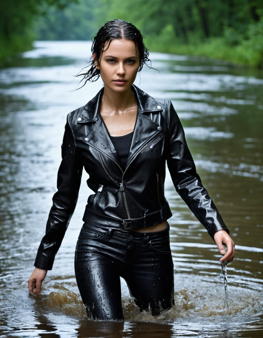 photo of young woman, in soaking wet, drenched clothes,
Black leather ankle boots, soaked and glistening, skin tight black leather jeans, saturated, black long sleeve leather shirt, black bikers leather jacket, walking waiste deep in a river in the forest, drenched, close up, 
enjoying, wet clothes stuck to body,
detailed textures of the wet clothes, wet face, wet plastered hair,
wet, drenched, professional, high-quality details, full body view.
sharp focus, ultra-high pixel detail, realistic, high-quality, full colors, incredibly detailed, 4k, 8k, 16k, hyper-realistic, RAW photo, masterpiece, ultra-detailed, professionally color graded, professional photograph, saturated leather clinging to skin, intense flash photography, glossy wet borwn hair, water droplets on skin, sharp contrast, cinematic street lighting, high resolution, dry skin, dry clothes, dry fabric