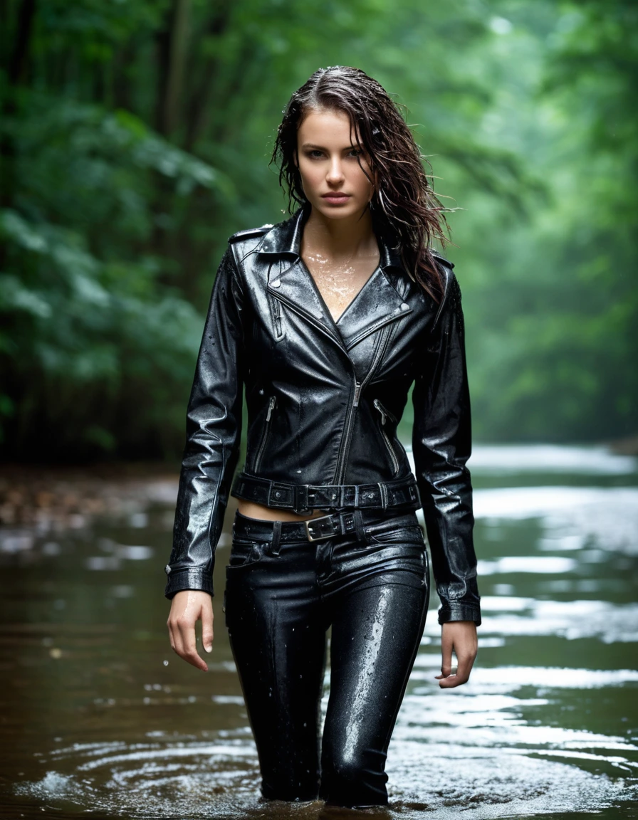 photo of young woman, in soaking wet, drenched clothes,
Black leather ankle boots, soaked and glistening, skin tight black leather jeans, saturated, black long sleeve leather shirt, black bikers leather jacket, walking waiste deep in a river in the forest, drenched, close up, 
enjoying, wet clothes stuck to body,
detailed textures of the wet clothes, wet face, wet plastered hair,
wet, drenched, professional, high-quality details, full body view.
sharp focus, ultra-high pixel detail, realistic, high-quality, full colors, incredibly detailed, 4k, 8k, 16k, hyper-realistic, RAW photo, masterpiece, ultra-detailed, professionally color graded, professional photograph, saturated leather clinging to skin, intense flash photography, glossy wet borwn hair, water droplets on skin, sharp contrast, cinematic street lighting, high resolution, dry skin, dry clothes, dry fabric