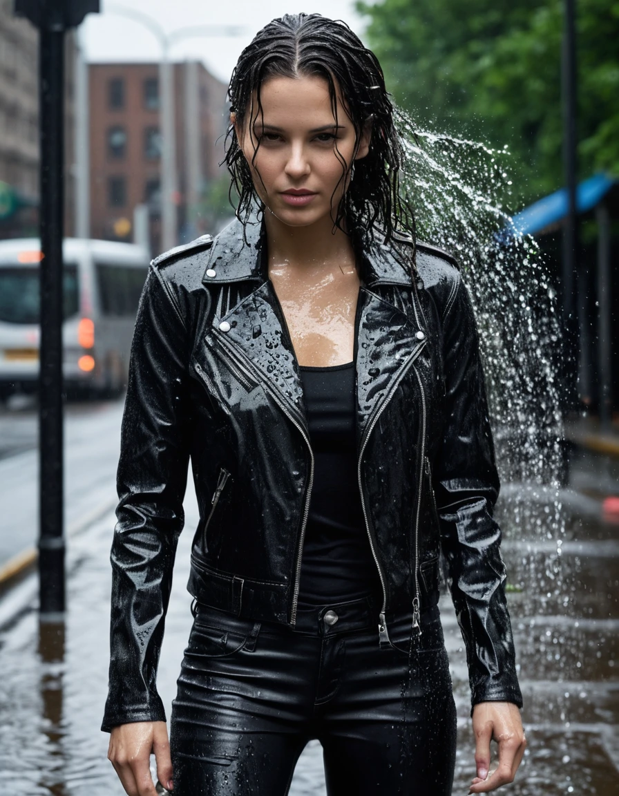 photo of young woman, in soaking wet, drenched clothes,
Black leather ankle boots, soaked and glistening, skin tight black leather jeans, saturated, black long sleeve leather shirt, black bikers leather jacket, urban glass bus stop shelter, 
enjoying, wet clothes stuck to body,
detailed textures of the wet clothes, wet face, wet plastered hair,
wet, drenched, professional, high-quality details, full body view.
sharp focus, ultra-high pixel detail, realistic, high-quality, full colors, incredibly detailed, 4k, 8k, 16k, hyper-realistic, RAW photo, masterpiece, ultra-detailed, professionally color graded, professional photograph, broken sprinkler showering woman, saturated fabric clinging to skin, intense flash photography, glossy wet hair, water droplets on skin, sharp contrast, cinematic street lighting, high resolution, dry skin, dry clothes, dry fabric