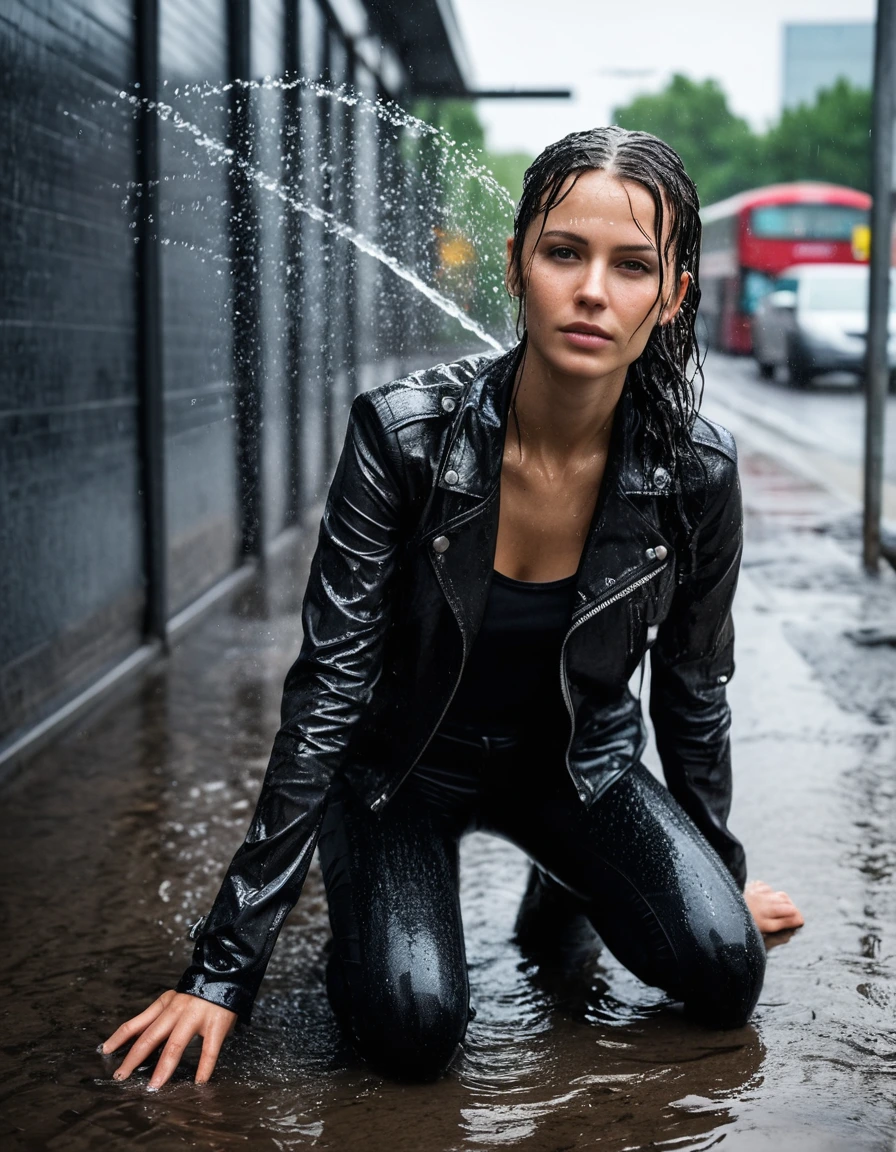 photo of young woman, in soaking wet, drenched clothes,
Black leather ankle boots, soaked and glistening, skin tight black leather jeans, saturated, black long sleeve leather shirt, black bikers leather jacket, urban glass bus stop shelter, 
enjoying, wet clothes stuck to body,
detailed textures of the wet clothes, wet face, wet plastered hair,
wet, drenched, professional, high-quality details, full body view.
sharp focus, ultra-high pixel detail, realistic, high-quality, full colors, incredibly detailed, 4k, 8k, 16k, hyper-realistic, RAW photo, masterpiece, ultra-detailed, professionally color graded, professional photograph, broken sprinkler showering woman, saturated fabric clinging to skin, intense flash photography, glossy wet hair, water droplets on skin, sharp contrast, cinematic street lighting, high resolution, dry skin, dry clothes, dry fabric