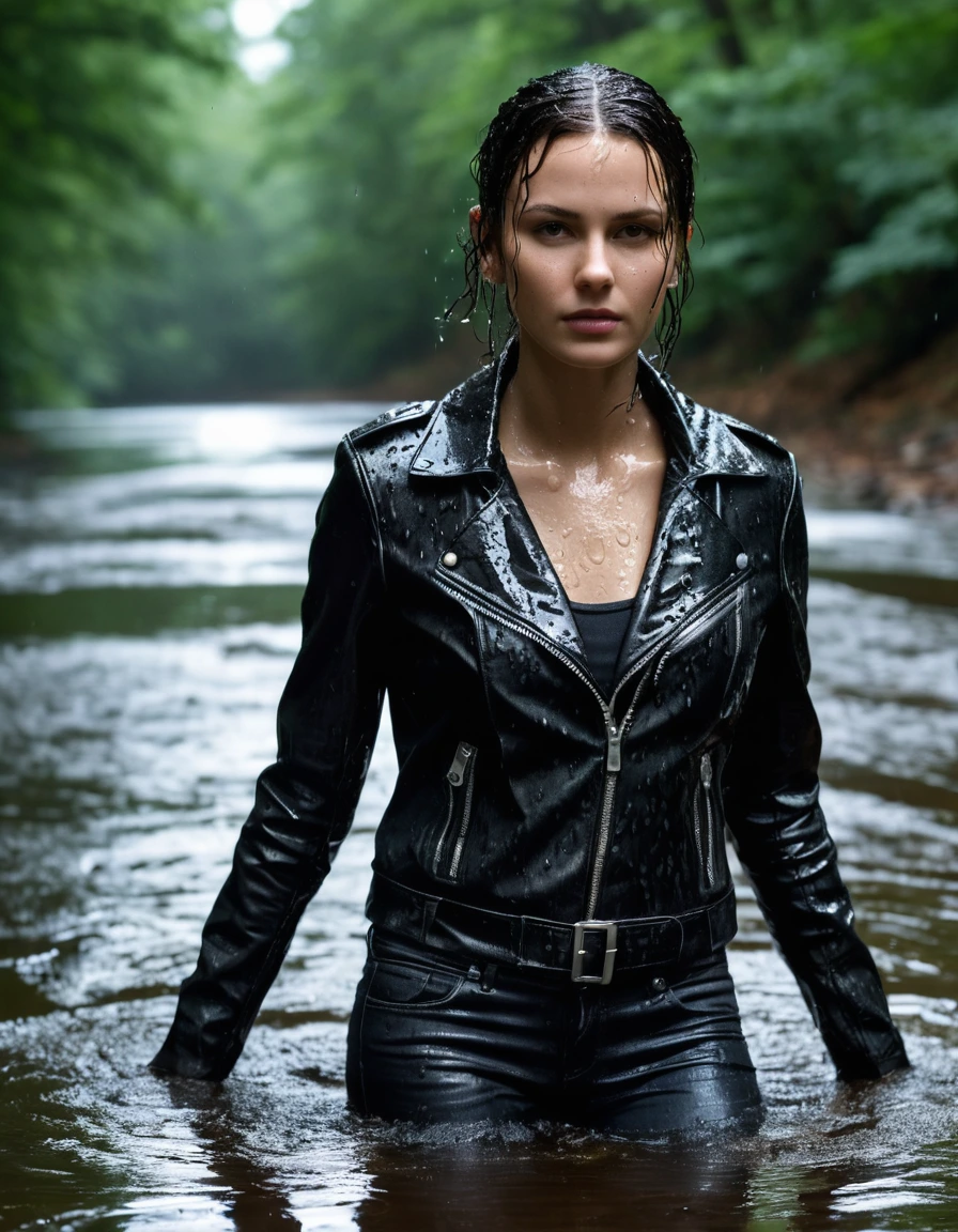 photo of young woman, in soaking wet, drenched clothes,
Black leather ankle boots, soaked and glistening, skin tight black leather jeans, saturated, black long sleeve leather shirt, black bikers leather jacket, walking in a river in the forest, drenched, close up, 
enjoying, wet clothes stuck to body,
detailed textures of the wet clothes, wet face, wet plastered hair,
wet, drenched, professional, high-quality details, full body view.
sharp focus, ultra-high pixel detail, realistic, high-quality, full colors, incredibly detailed, 4k, 8k, 16k, hyper-realistic, RAW photo, masterpiece, ultra-detailed, professionally color graded, professional photograph, saturated leather clinging to skin, intense flash photography, glossy wet hair, water droplets on skin, sharp contrast, cinematic street lighting, high resolution, dry skin, dry clothes, dry fabric