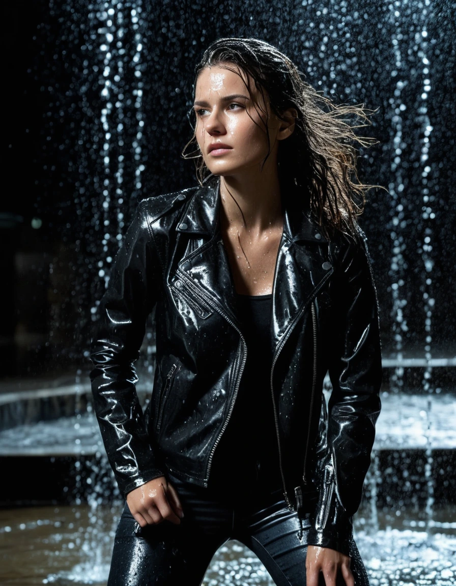 photo of young woman, in soaking wet, drenched clothes,
Black leather ankle boots, soaked and glistening, skin tight black leather jeans, saturated, black long sleeve leather shirt, black bikers leather jacket, standing under a fountain at night in heavy rain, 
enjoying, wet clothes stuck to body,
detailed textures of the wet clothes, wet face, wet plastered hair,
wet, drenched, professional, high-quality details, full body view.
sharp focus, ultra-high pixel detail, realistic, high-quality, full colors, incredibly detailed, 4k, 8k, 16k, hyper-realistic, RAW photo, masterpiece, ultra-detailed, professionally color graded, professional photograph, broken sprinkler showering woman, saturated fabric clinging to skin, intense flash photography, glossy wet hair, water droplets on skin, sharp contrast, cinematic street lighting, high resolution, dry skin, dry clothes, dry fabric