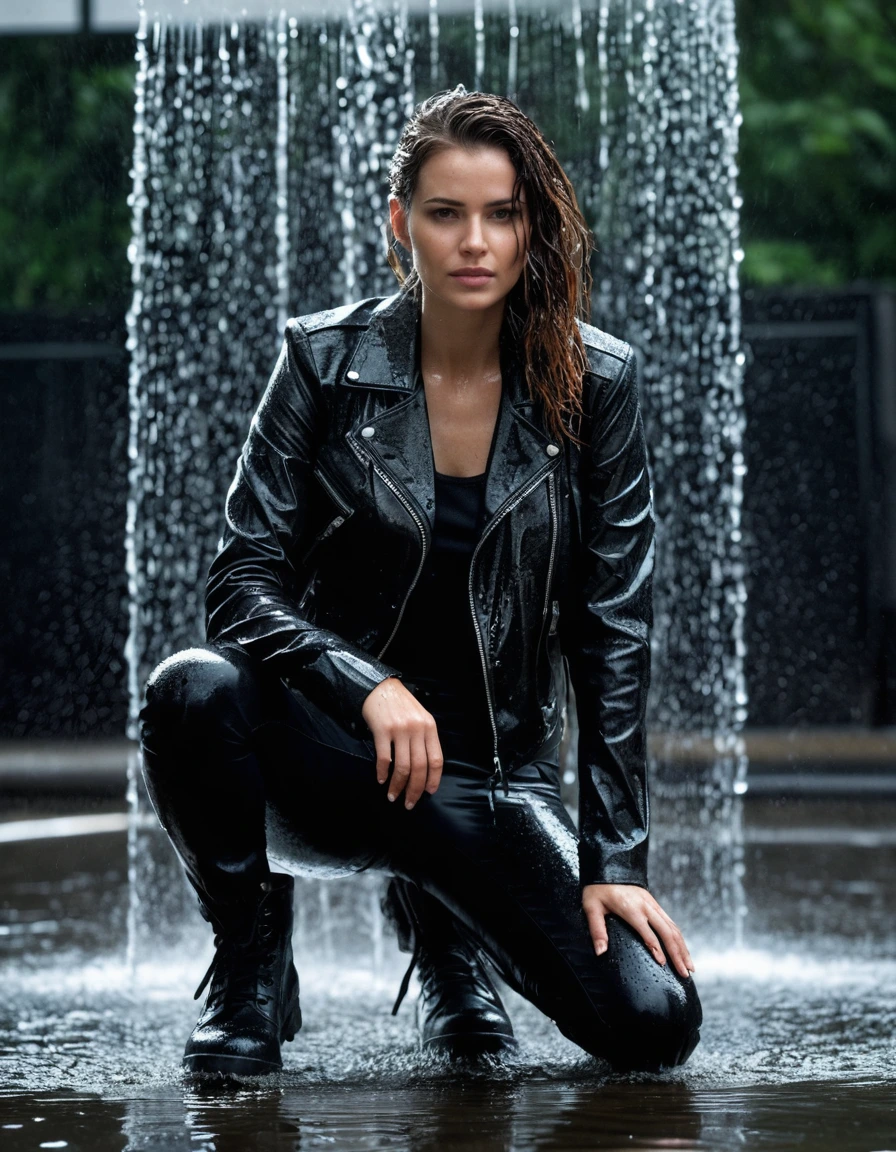 photo of young woman, in soaking wet, drenched clothes,
Black leather ankle boots, soaked and glistening, skin tight black leather jeans, saturated, black long sleeve leather shirt, black bikers leather jacket, urban glass bus stop shelter, 
enjoying, wet clothes stuck to body,
detailed textures of the wet clothes, wet face, wet plastered hair,
wet, drenched, professional, high-quality details, full body view.
sharp focus, ultra-high pixel detail, realistic, high-quality, full colors, incredibly detailed, 4k, 8k, 16k, hyper-realistic, RAW photo, masterpiece, ultra-detailed, professionally color graded, professional photograph, broken sprinkler showering woman, saturated fabric clinging to skin, intense flash photography, glossy wet hair, water droplets on skin, sharp contrast, cinematic street lighting, high resolution, dry skin, dry clothes, dry fabric