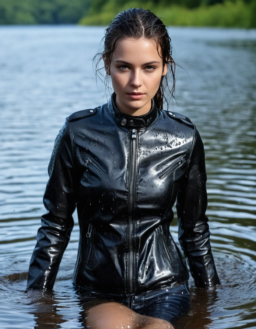 photo of young woman, in soaking wet, drenched clothes,
Black leather ankle boots, soaked and glistening, skin tight black leather jeans, saturated, black long sleeve leather shirt, black bikers leather jacket, swimming in a lake, drenched, close up, 
enjoying, wet clothes stuck to body,
detailed textures of the wet clothes, wet face, wet plastered hair,
wet, drenched, professional, high-quality details, full body view.
sharp focus, ultra-high pixel detail, realistic, high-quality, full colors, incredibly detailed, 4k, 8k, 16k, hyper-realistic, RAW photo, masterpiece, ultra-detailed, professionally color graded, professional photograph, saturated leather clinging to skin, intense flash photography, glossy wet borwn hair, water droplets on skin, sharp contrast, cinematic street lighting, high resolution, dry skin, dry clothes, dry fabric