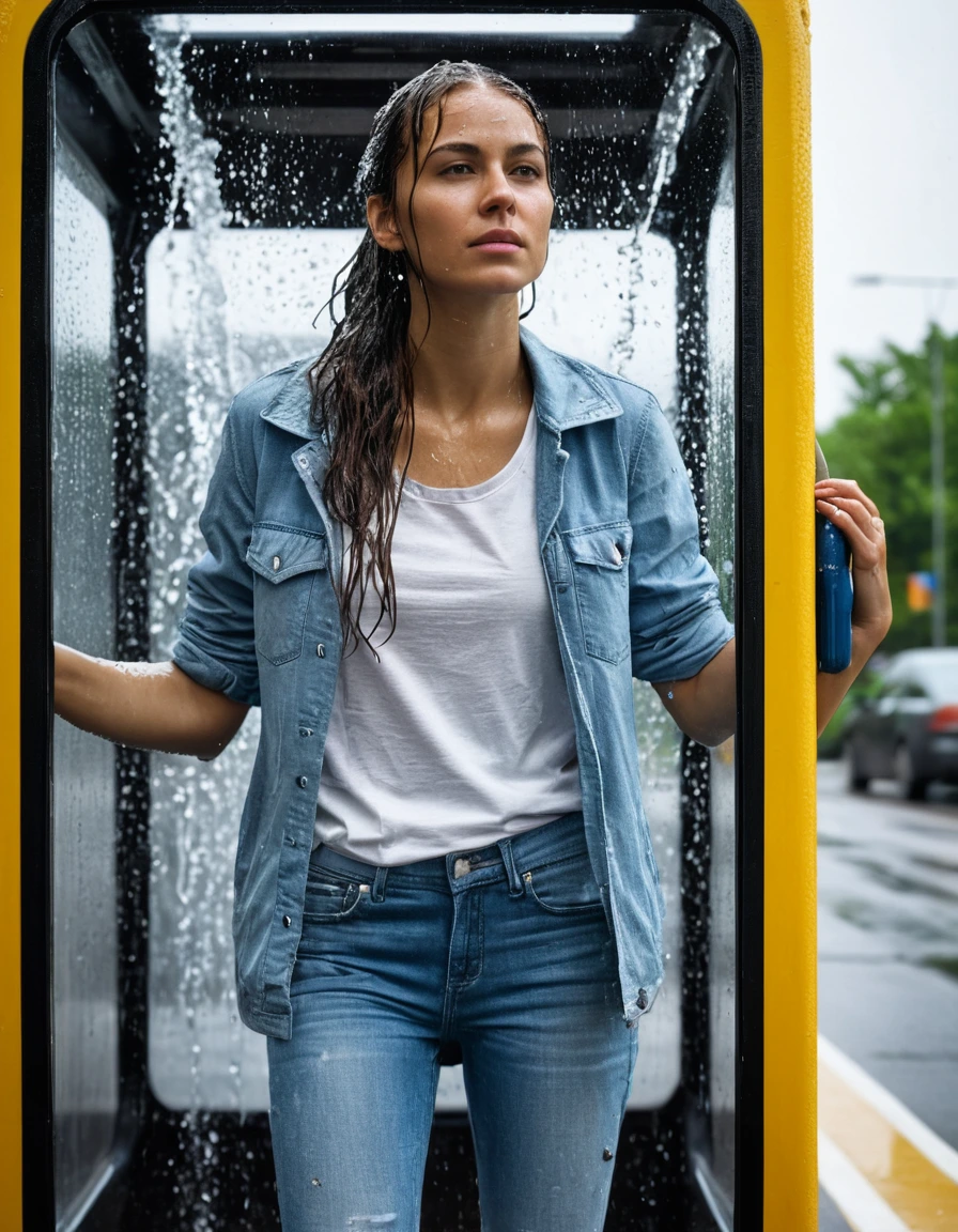 photo of young woman, in soaking wet, drenched clothes,
wet white canvas sneakers, soaked light blue denim jeans, drenched mustard yellow cotton t-shirt, urban glass bus stop shelter, 
enjoying, wet clothes stuck to body,
detailed textures of the wet clothes, wet face, wet plastered hair,
wet, drenched, professional, high-quality details, full body view.
sharp focus, ultra-high pixel detail, realistic, high-quality, full colors, incredibly detailed, 4k, 8k, 16k, hyper-realistic, RAW photo, masterpiece, ultra-detailed, professionally color graded, professional photograph, broken sprinkler showering woman, saturated fabric clinging to skin, intense flash photography, glossy wet hair, water droplets on skin, sharp contrast, cinematic street lighting, high resolution, dry skin, dry clothes, dry fabric