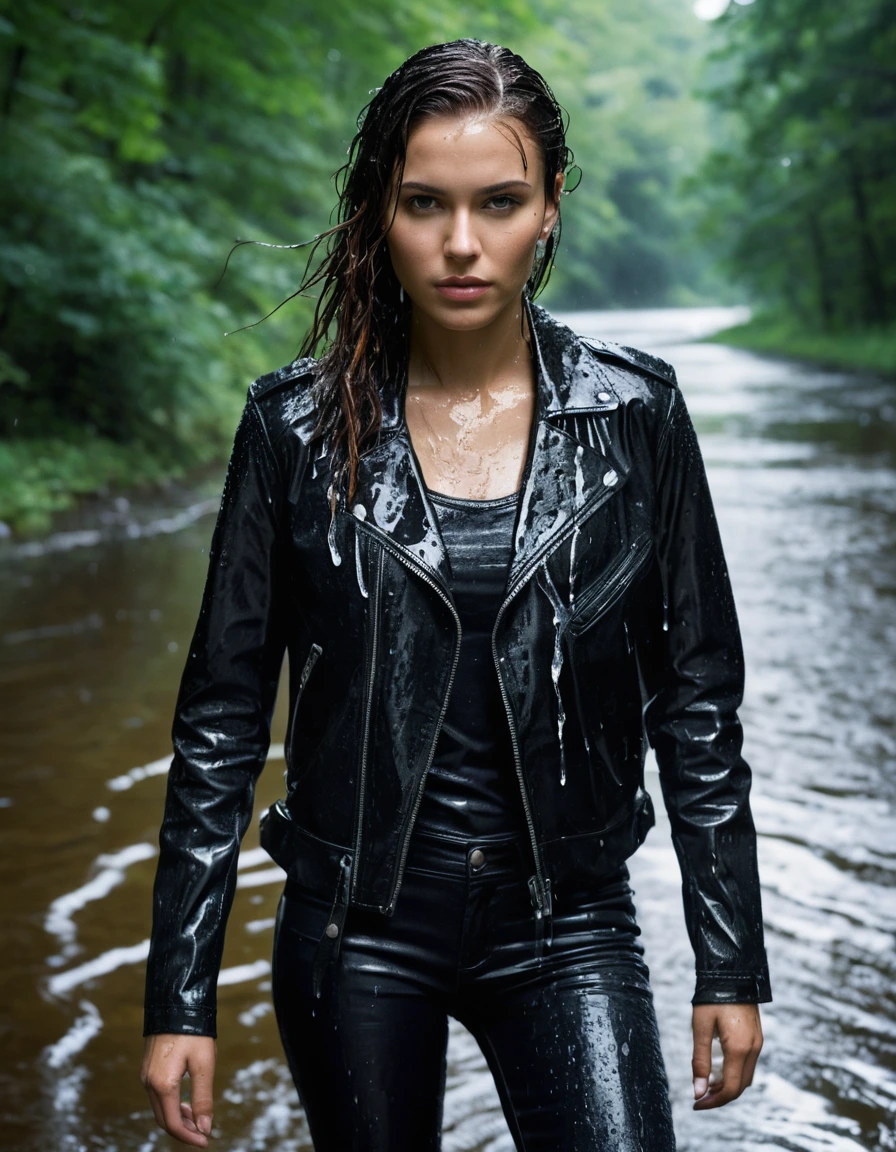 photo of young woman, in soaking wet, drenched clothes,
Black leather ankle boots, soaked and glistening, skin tight black leather jeans, saturated, black long sleeve leather shirt, black bikers leather jacket, walking in a river in the forest, drenched, close up, 
enjoying, wet clothes stuck to body,
detailed textures of the wet clothes, wet face, wet plastered hair,
wet, drenched, professional, high-quality details, full body view.
sharp focus, ultra-high pixel detail, realistic, high-quality, full colors, incredibly detailed, 4k, 8k, 16k, hyper-realistic, RAW photo, masterpiece, ultra-detailed, professionally color graded, professional photograph, saturated leather clinging to skin, intense flash photography, glossy wet borwn hair, water droplets on skin, sharp contrast, cinematic street lighting, high resolution, dry skin, dry clothes, dry fabric