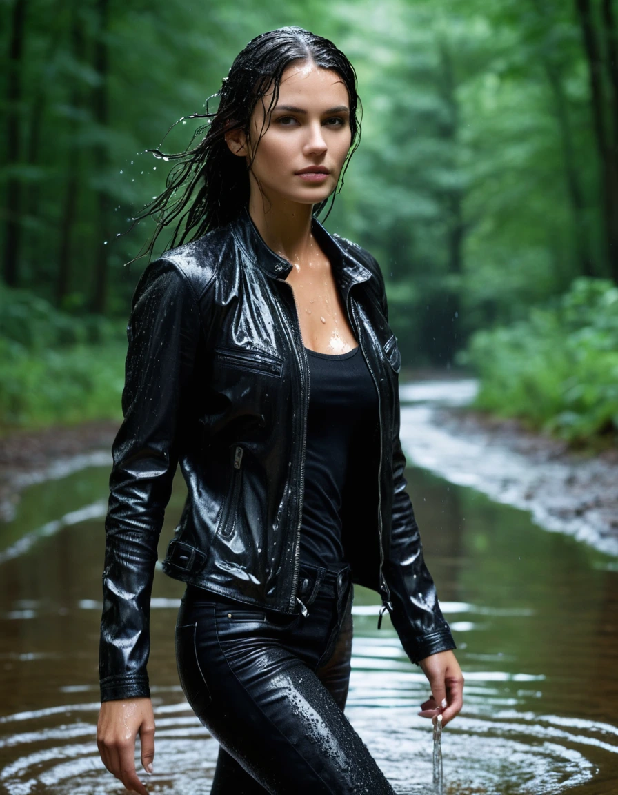 photo of young woman, in soaking wet, drenched clothes,
Black leather ankle boots, soaked and glistening, skin tight black leather jeans, saturated, black long sleeve leather shirt, black bikers leather jacket, walking in a river in the forest, drenched, close up, 
enjoying, wet clothes stuck to body,
detailed textures of the wet clothes, wet face, wet plastered hair,
wet, drenched, professional, high-quality details, full body view.
sharp focus, ultra-high pixel detail, realistic, high-quality, full colors, incredibly detailed, 4k, 8k, 16k, hyper-realistic, RAW photo, masterpiece, ultra-detailed, professionally color graded, professional photograph, saturated leather clinging to skin, intense flash photography, glossy wet hair, water droplets on skin, sharp contrast, cinematic street lighting, high resolution, dry skin, dry clothes, dry fabric