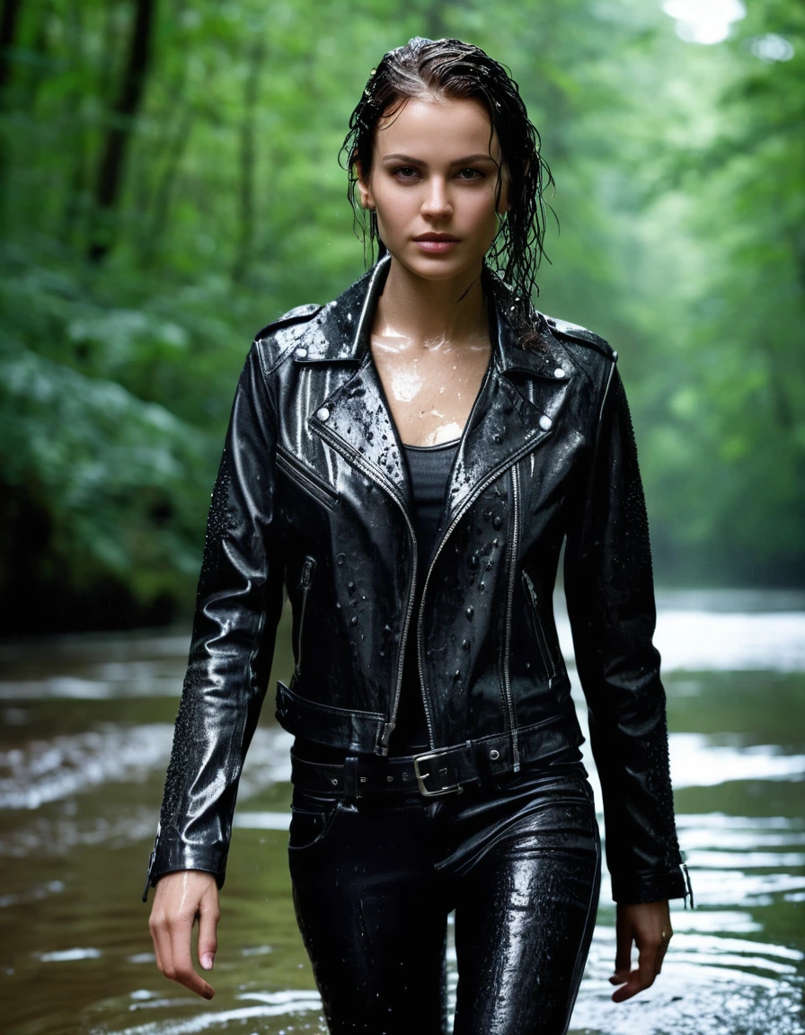 photo of young woman, in soaking wet, drenched clothes,
Black leather ankle boots, soaked and glistening, skin tight black leather jeans, saturated, black long sleeve leather shirt, black bikers leather jacket, walking waiste deep in a river in the forest, drenched, close up, 
enjoying, wet clothes stuck to body,
detailed textures of the wet clothes, wet face, wet plastered hair,
wet, drenched, professional, high-quality details, full body view.
sharp focus, ultra-high pixel detail, realistic, high-quality, full colors, incredibly detailed, 4k, 8k, 16k, hyper-realistic, RAW photo, masterpiece, ultra-detailed, professionally color graded, professional photograph, saturated leather clinging to skin, intense flash photography, glossy wet borwn hair, water droplets on skin, sharp contrast, cinematic street lighting, high resolution, dry skin, dry clothes, dry fabric