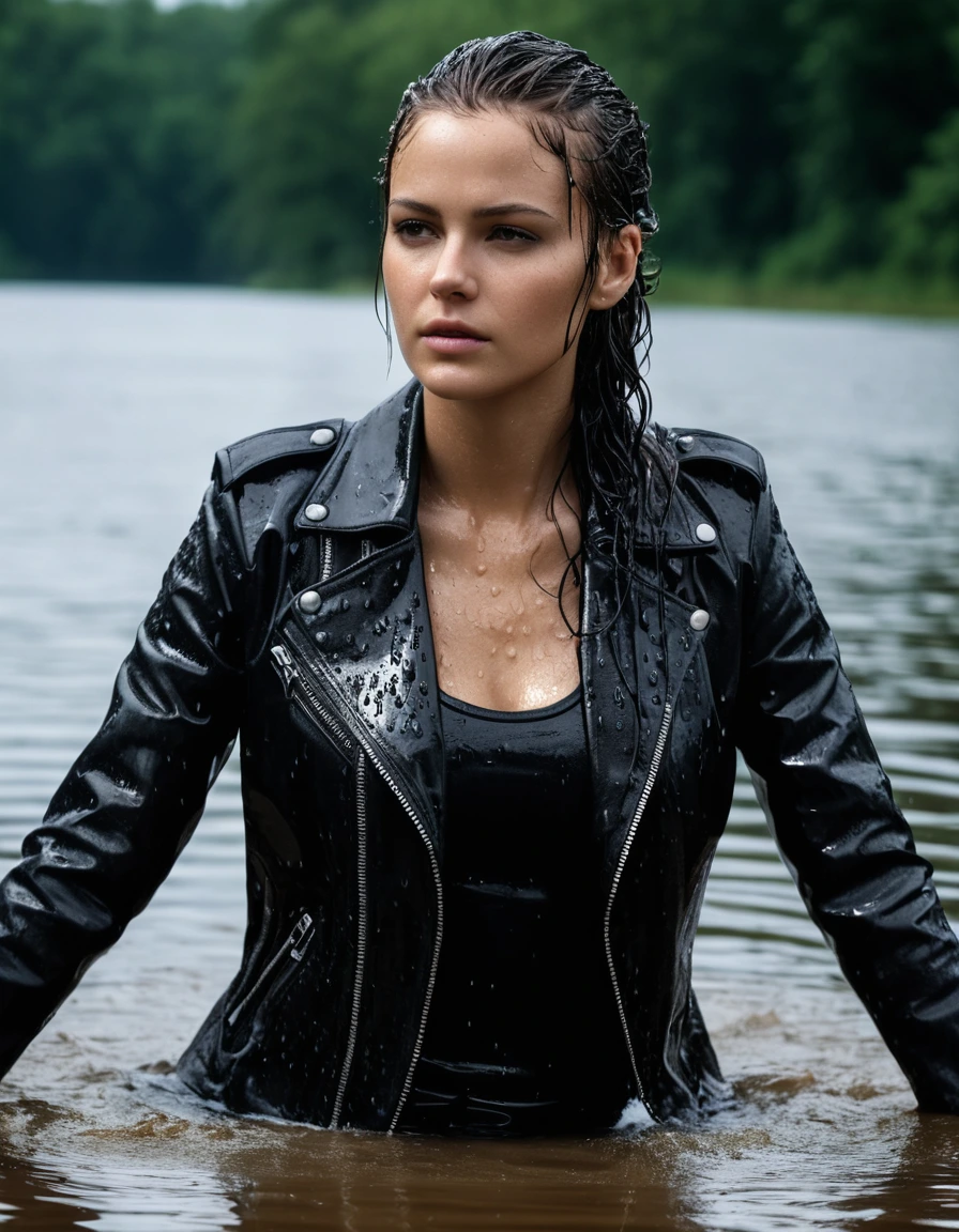 photo of young woman, in soaking wet, drenched clothes,
Black leather ankle boots, soaked and glistening, skin tight black leather jeans, saturated, black long sleeve leather shirt, black bikers leather jacket, walking waiste deep in a lake, drenched, close up, 
enjoying, wet clothes stuck to body,
detailed textures of the wet clothes, wet face, wet plastered hair,
wet, drenched, professional, high-quality details, full body view.
sharp focus, ultra-high pixel detail, realistic, high-quality, full colors, incredibly detailed, 4k, 8k, 16k, hyper-realistic, RAW photo, masterpiece, ultra-detailed, professionally color graded, professional photograph, saturated leather clinging to skin, intense flash photography, glossy wet borwn hair, water droplets on skin, sharp contrast, cinematic street lighting, high resolution, dry skin, dry clothes, dry fabric