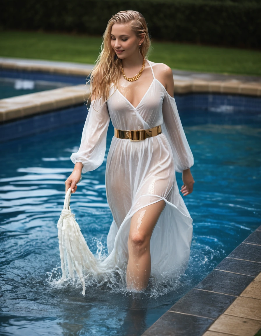 photo of young woman, in soaking wet, drenched clothes,
high heels, nude stockings, white garter belt, Cream Penny Maxi Dress, gold belt, walking in a pool soaking wet, 
enjoying, wet clothes stuck to body,
detailed textures of the wet clothes, wet face, wet plastered hair,
wet, drenched, professional, high-quality details, full body view.
sharp focus, ultra-high pixel detail, realistic, high-quality, full colors, incredibly detailed, 4k, 8k, 16k, hyper-realistic, RAW photo, masterpiece, ultra-detailed, professionally color graded, professional photograph, smile, wet long blonde hair, gold necklace, gold earrings, wet skin, wet clothes, wet fabric, dry skin, dry clothes, dry fabric