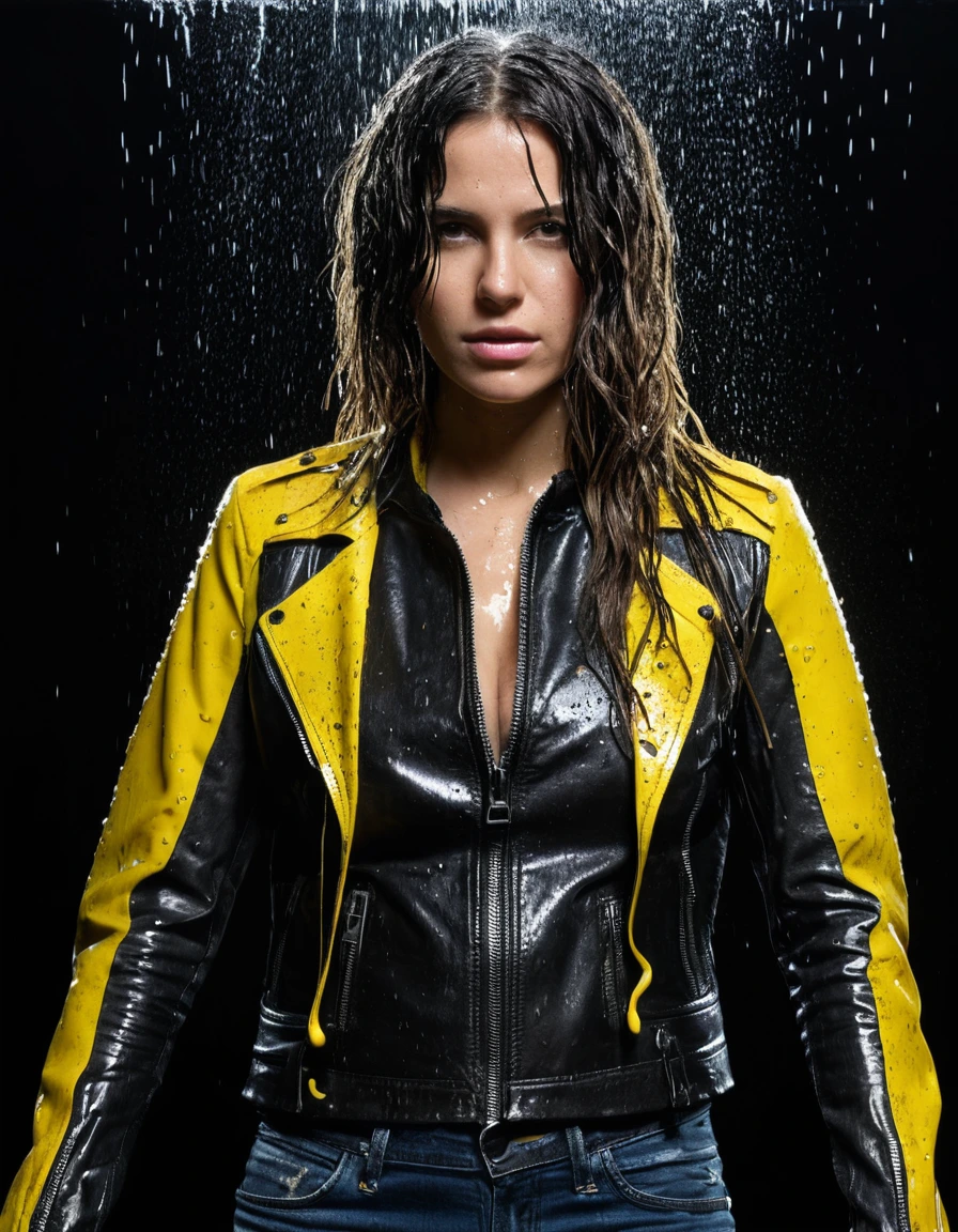 photo of young woman, in soaking wet, drenched clothes,
Black leather ankle boots, glistening, skin tight black gunged leather jeans,  Black gunged bikers leather jacket over topless large boobs, standing under a yellow gunge, drenched, close up, 
enjoying, wet clothes stuck to body,
detailed textures of the wet clothes, wet face, wet plastered hair,
wet, drenched, professional, high-quality details, full body view.
sharp focus, ultra-high pixel detail, realistic, high-quality, full colors, incredibly detailed, 4k, 8k, 16k, hyper-realistic, RAW photo, masterpiece, ultra-detailed, professionally color graded, professional photograph, Italian model, gunged leather clinging to skin, intense flash photography, glossy gunged hair, yellow gunge droplets on boobs and on jacket, sharp contrast, cinematic lighting, high resolution, dry skin, dry clothes, dry fabric
