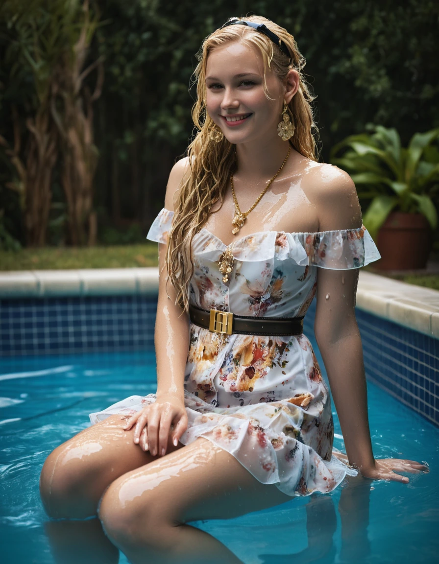 photo of young woman, in soaking wet, drenched clothes,
high heels, nude stockings, white garter belt, Floral Print Juliette Mini Dress, gold belt, sitting in a pool soaking wet, 
enjoying, wet clothes stuck to body,
detailed textures of the wet clothes, wet face, wet plastered hair,
wet, drenched, professional, high-quality details, full body view.
sharp focus, ultra-high pixel detail, realistic, high-quality, full colors, incredibly detailed, 4k, 8k, 16k, hyper-realistic, RAW photo, masterpiece, ultra-detailed, professionally color graded, professional photograph, smile, wet long blonde hair, gold necklace, gold earrings, wet skin, wet clothes, wet fabric, dry skin, dry clothes, dry fabric