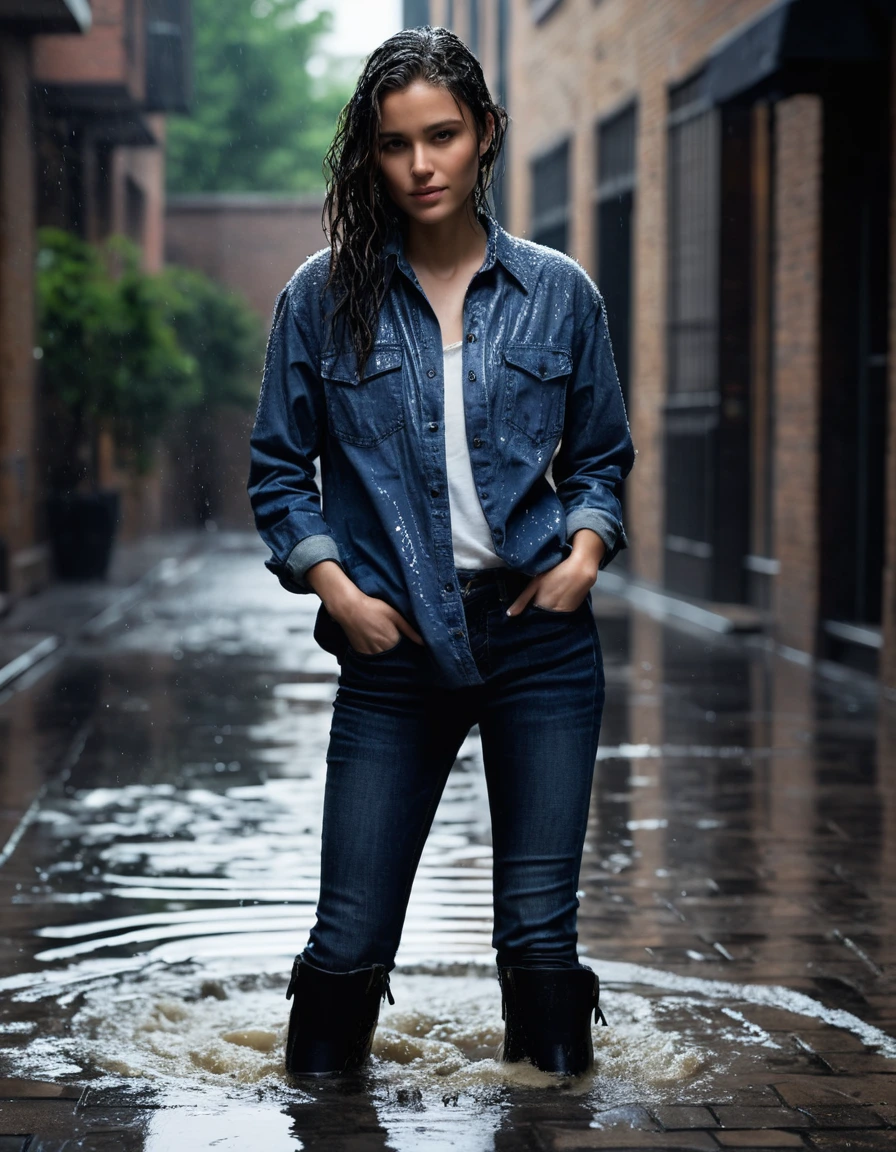 photo of young woman, in soaking wet, drenched clothes,
black leather ankle boots with water puddles splashing around them, fitted dark indigo denim jeans soaked and clinging to skin, oversized white cotton shirt completely drenched and translucent, dimly lit apartment courtyard with stone pavers, 
enjoying, wet clothes stuck to body,
detailed textures of the wet clothes, wet face, wet plastered hair,
wet, drenched, professional, high-quality details, full body view.
sharp focus, ultra-high pixel detail, realistic, high-quality, full colors, incredibly detailed, 4k, 8k, 16k, hyper-realistic, RAW photo, masterpiece, ultra-detailed, professionally color graded, professional photograph, heavy rain, glistening water droplets on fabric, cinematic street photography, moody urban lighting, hyper-realistic texture, dry skin, dry clothes, dry fabric