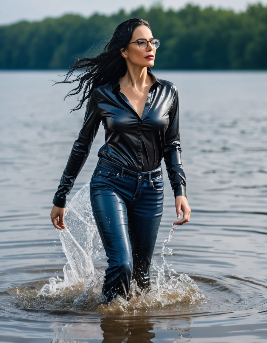 photo of young woman, in soaking wet, drenched clothes,
office shoes , long blue leather jeans, black tank top with long sleeves, walking submerged in sunny deep lake, 
enjoying, wet clothes stuck to body,
detailed textures of the wet clothes, wet face, wet plastered hair,
wet, drenched, professional, high-quality details, full body view.
sharp focus, ultra-high pixel detail, realistic, high-quality, full colors, incredibly detailed, 4k, 8k, 16k, hyper-realistic, RAW photo, masterpiece, ultra-detailed, professionally color graded, professional photograph, woman 51 years old, long black hair, very big and thick lips, office glasses, complete body, open mouth, dry skin, dry clothes, dry fabric, dry skin, dry clothes, dry fabric