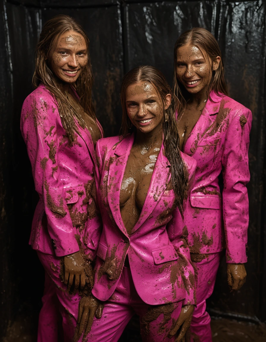 photo of young woman, in soaking wet, drenched clothes,
Muddy high heels, Long very muddy suit pants, Full muddy ruined fully-opened unbuttoned sexy blazer like a fancy uniform over topless with super sexy cleavage and exposed large boobs., Dark muddy indoor disco club at night. Deep mud on the floor, mud splashed walls, dripping mud from above, very dark mood lighting with pink and blue neon lights from above. Muddy chairs and sofas in the background. , 
enjoying, wet clothes stuck to body,
detailed textures of the wet clothes, wet face, wet plastered hair,
wet, drenched, professional, high-quality details, full body view.
sharp focus, ultra-high pixel detail, realistic, high-quality, full colors, incredibly detailed, 4k, 8k, 16k, hyper-realistic, RAW photo, masterpiece, ultra-detailed, professionally color graded, professional photograph, Three cute blonde 14 years old beautiful gleaming girls with childish appearance are wallowing together in the deep muddy pool after a full dip in it and holding a glass of champagne in their hands during the crazy muddy indoor disco party at night and posing for a professional photo. They are proudly wearing their fully and heavily mud-covered unbuttoned and opened sexy suits which fully exposing their large sexy muddy boobs. Focus on the large muddy cleavages of the blazers and on the bravely displayed large muddy boobs and nipples. Every small details of the clothes are muddy, muddy beautiful faces, muddy chests and boobs. Their blazer has the same colour as their muddy pants. The classy elegant disco club is totally destroyed by mud, mud spots everywhere, mud flows down on the walls, mud on the furnitures in the background. Straight muddy very long open wavy hairstyle, muddy hair, smiling childish and satisfied beautiful muddy faces, blue eyes, necklaces, earrings, lipstick. The girls are enjoying to being total muddy in the muddy pool, being sexy, naughty while they are enjoying the muddy fetish party. Realistic muddy boobs and photorealistic detailed smiling facial expressions. Intimate close-up picture about the girls. Close-up photo from front view, highly realistic representation, ultra sharp focus, highly photorealistic detailed textures, highly photorealistic detailed facial features and expressions, highly photorealistic hands, highly emotional reactions, highly best quality, highly sharp photorealistic image, highly photorealistic details, full UHD resolution, 32 K, very high level of detail and image sharpness, zoomed in, dry skin, dry clothes, dry fabric, dry skin, dry clothes, dry fabric, dry skin, dry clothes, dry fabric, dry skin, dry clothes, dry fabric