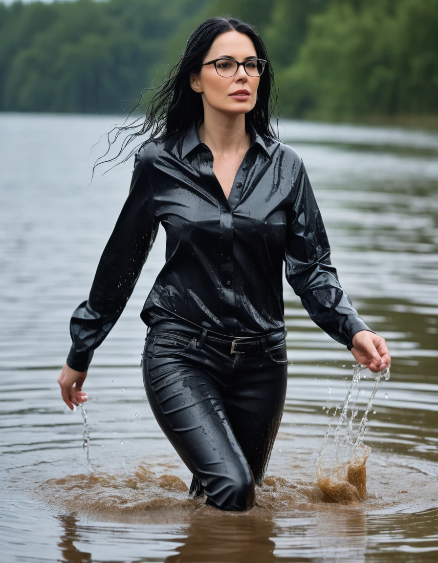 photo of young woman, in soaking wet, drenched clothes,
office shoes , long black leather jeans, black satin shirt with long sleeves, walking under hard rain submerged in sunny deep lake, 
enjoying, wet clothes stuck to body,
detailed textures of the wet clothes, wet face, wet plastered hair,
wet, drenched, professional, high-quality details, full body view.
sharp focus, ultra-high pixel detail, realistic, high-quality, full colors, incredibly detailed, 4k, 8k, 16k, hyper-realistic, RAW photo, masterpiece, ultra-detailed, professionally color graded, professional photograph, woman 51 years old, long black hair, very big and thick lips, office glasses, complete body, open mouth, dry skin, dry clothes, dry fabric, dry skin, dry clothes, dry fabric, dry skin, dry clothes, dry fabric, dry skin, dry clothes, dry fabric