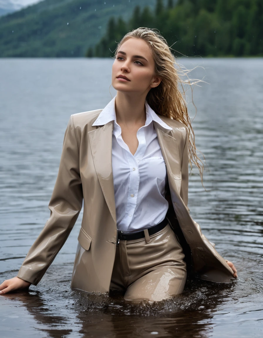 photo of young woman, in soaking wet, drenched clothes,
Beige Long Business Trouser, Beige Business Suit Jacket with white button down business shirt longsleeve, Clear Mountain lake with heavy rain, 
enjoying, wet clothes stuck to body,
detailed textures of the wet clothes, wet face, wet plastered hair,
wet, drenched, professional, high-quality details, full body view.
sharp focus, ultra-high pixel detail, realistic, high-quality, full colors, incredibly detailed, 4k, 8k, 16k, hyper-realistic, RAW photo, masterpiece, ultra-detailed, professionally color graded, professional photograph, young elegant beautiful white Blonde women, breast deep submerged, under a big rainshower, fully clothed, completely soaked, fully drenched, completely wet, wetlook, heavy rain, side parting, long hair, rain storm, looks confidently into camera, dry skin, dry clothes, dry fabric