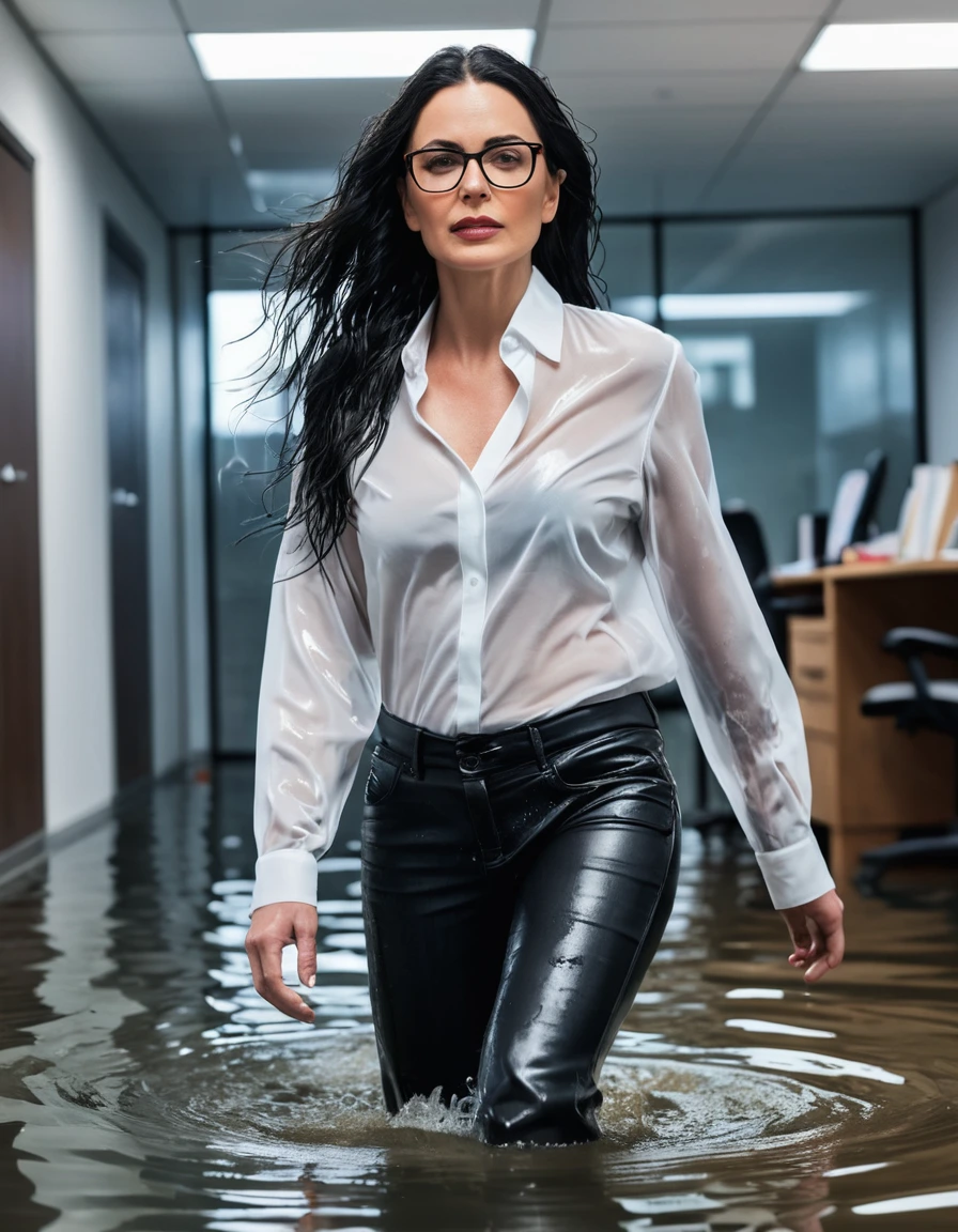 photo of young woman, in soaking wet, drenched clothes,
office shoes , long black leather jeans, white silk satin shirt with long sleeves, walking submerged in flooded office, 
enjoying, wet clothes stuck to body,
detailed textures of the wet clothes, wet face, wet plastered hair,
wet, drenched, professional, high-quality details, full body view.
sharp focus, ultra-high pixel detail, realistic, high-quality, full colors, incredibly detailed, 4k, 8k, 16k, hyper-realistic, RAW photo, masterpiece, ultra-detailed, professionally color graded, professional photograph, woman 51 years old, long black hair, very big and thick lips, office glasses, complete body, open mouth, dry skin, dry clothes, dry fabric, dry skin, dry clothes, dry fabric, dry skin, dry clothes, dry fabric, dry skin, dry clothes, dry fabric, dry skin, dry clothes, dry fabric