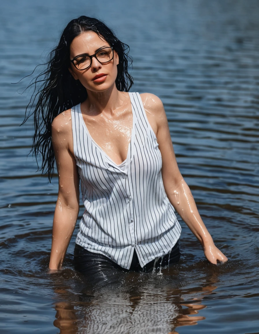 photo of young woman, in soaking wet, drenched clothes,
office shoes , long white leather jeans, white & black striped tank top, walking submerged in sunny deep lake, 
enjoying, wet clothes stuck to body,
detailed textures of the wet clothes, wet face, wet plastered hair,
wet, drenched, professional, high-quality details, full body view.
sharp focus, ultra-high pixel detail, realistic, high-quality, full colors, incredibly detailed, 4k, 8k, 16k, hyper-realistic, RAW photo, masterpiece, ultra-detailed, professionally color graded, professional photograph, woman 51 years old, long black hair, very big and thick lips, office glasses, complete body, open mouth, dry skin, dry clothes, dry fabric, dry skin, dry clothes, dry fabric, dry skin, dry clothes, dry fabric