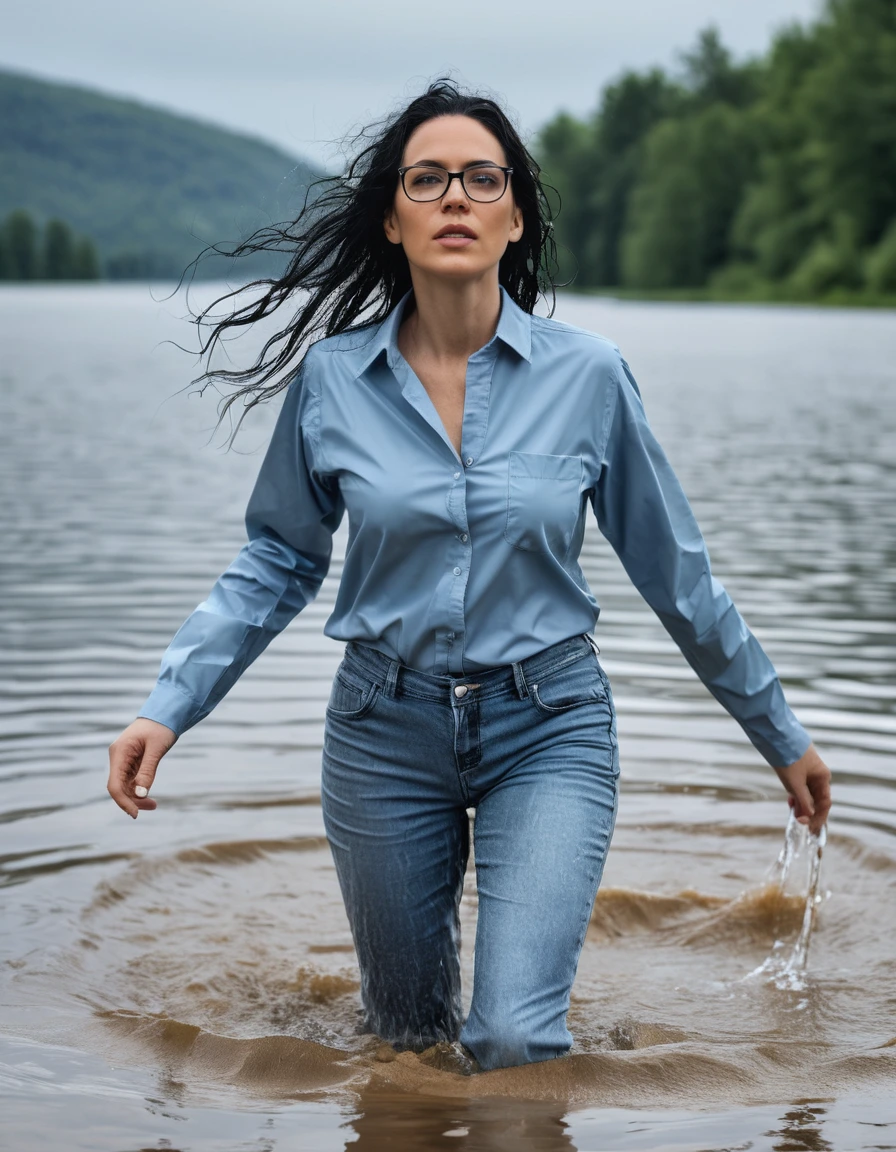 photo of young woman, in soaking wet, drenched clothes,
office shoes , long light blue jeans, light blue jeans shirt with long sleeves, walking in hard rain submerged in lake, 
enjoying, wet clothes stuck to body,
detailed textures of the wet clothes, wet face, wet plastered hair,
wet, drenched, professional, high-quality details, full body view.
sharp focus, ultra-high pixel detail, realistic, high-quality, full colors, incredibly detailed, 4k, 8k, 16k, hyper-realistic, RAW photo, masterpiece, ultra-detailed, professionally color graded, professional photograph, woman 51 years old, long black hair, very big and thick lips, office glasses, complete body, open mouth, dry skin, dry clothes, dry fabric, dry skin, dry clothes, dry fabric, dry skin, dry clothes, dry fabric, dry skin, dry clothes, dry fabric