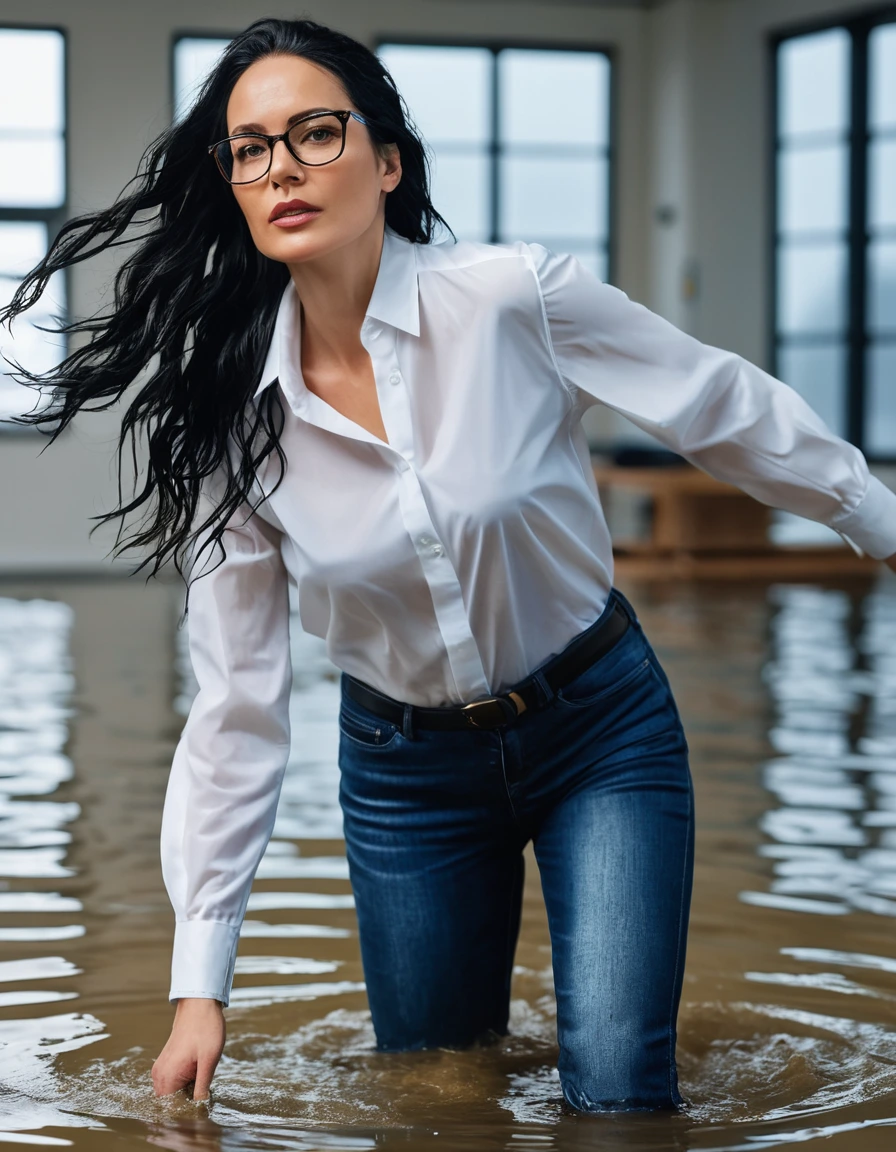 photo of young woman, in soaking wet, drenched clothes,
office shoes , long blUE jeans, white silk satin shirt with long sleeves, walking submerged in flooded office, 
enjoying, wet clothes stuck to body,
detailed textures of the wet clothes, wet face, wet plastered hair,
wet, drenched, professional, high-quality details, full body view.
sharp focus, ultra-high pixel detail, realistic, high-quality, full colors, incredibly detailed, 4k, 8k, 16k, hyper-realistic, RAW photo, masterpiece, ultra-detailed, professionally color graded, professional photograph, woman 51 years old, long black hair, very big and thick lips, office glasses, complete body, open mouth, dry skin, dry clothes, dry fabric, dry skin, dry clothes, dry fabric, dry skin, dry clothes, dry fabric, dry skin, dry clothes, dry fabric, dry skin, dry clothes, dry fabric, dry skin, dry clothes, dry fabric