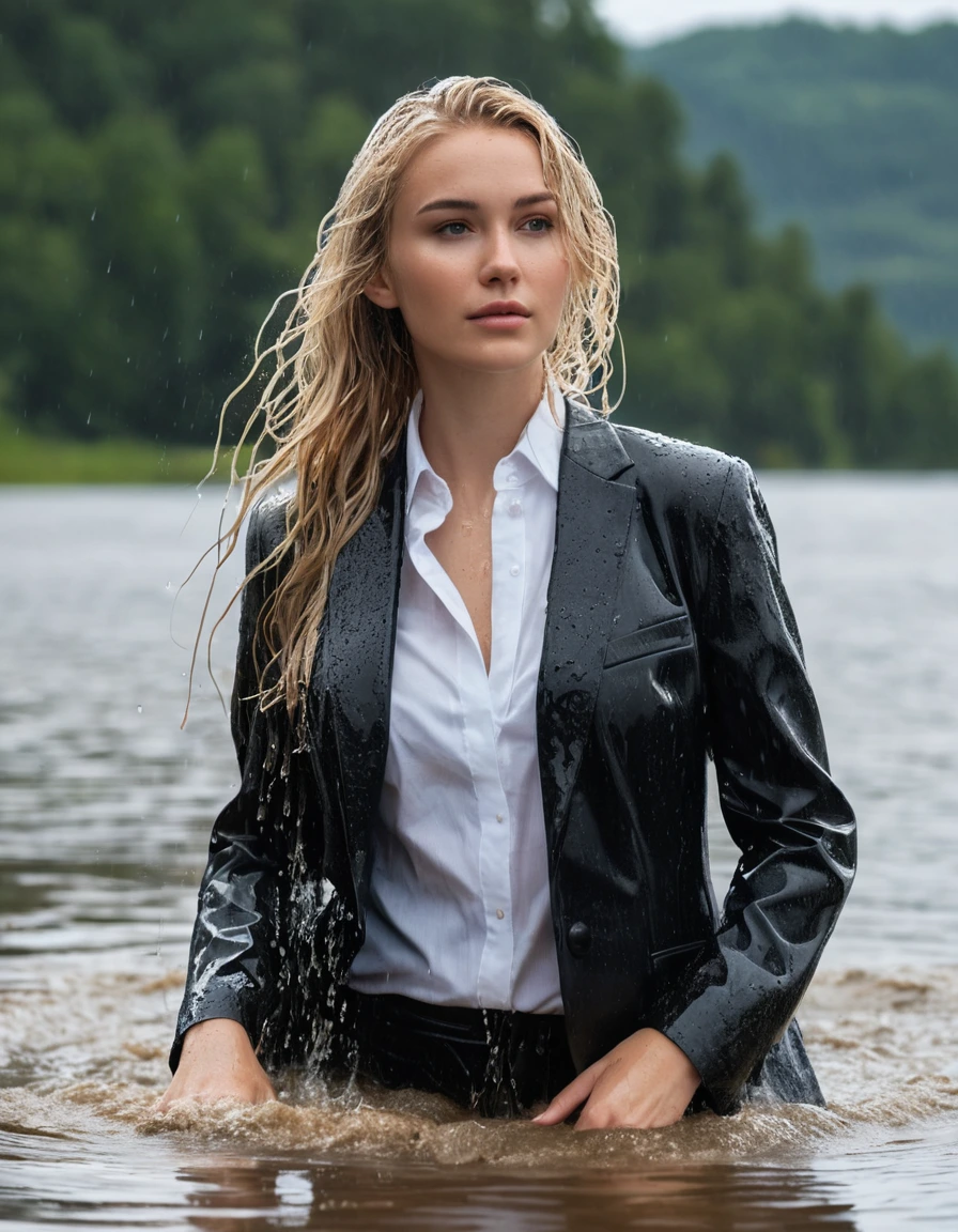 photo of young woman, in soaking wet, drenched clothes,
Black Long Business Trouser, Black Business Suit Jacket with white button down business shirt longsleeve, Clear Mountain lake with heavy rain, 
enjoying, wet clothes stuck to body,
detailed textures of the wet clothes, wet face, wet plastered hair,
wet, drenched, professional, high-quality details, full body view.
sharp focus, ultra-high pixel detail, realistic, high-quality, full colors, incredibly detailed, 4k, 8k, 16k, hyper-realistic, RAW photo, masterpiece, ultra-detailed, professionally color graded, professional photograph, young elegant beautiful white Blonde women, breast deep submerged, under a big rainshower, fully clothed, completely soaked, fully drenched, completely wet, wetlook, heavy rain, side parting, long hair, rain storm, looks confidently into camera, dry skin, dry clothes, dry fabric