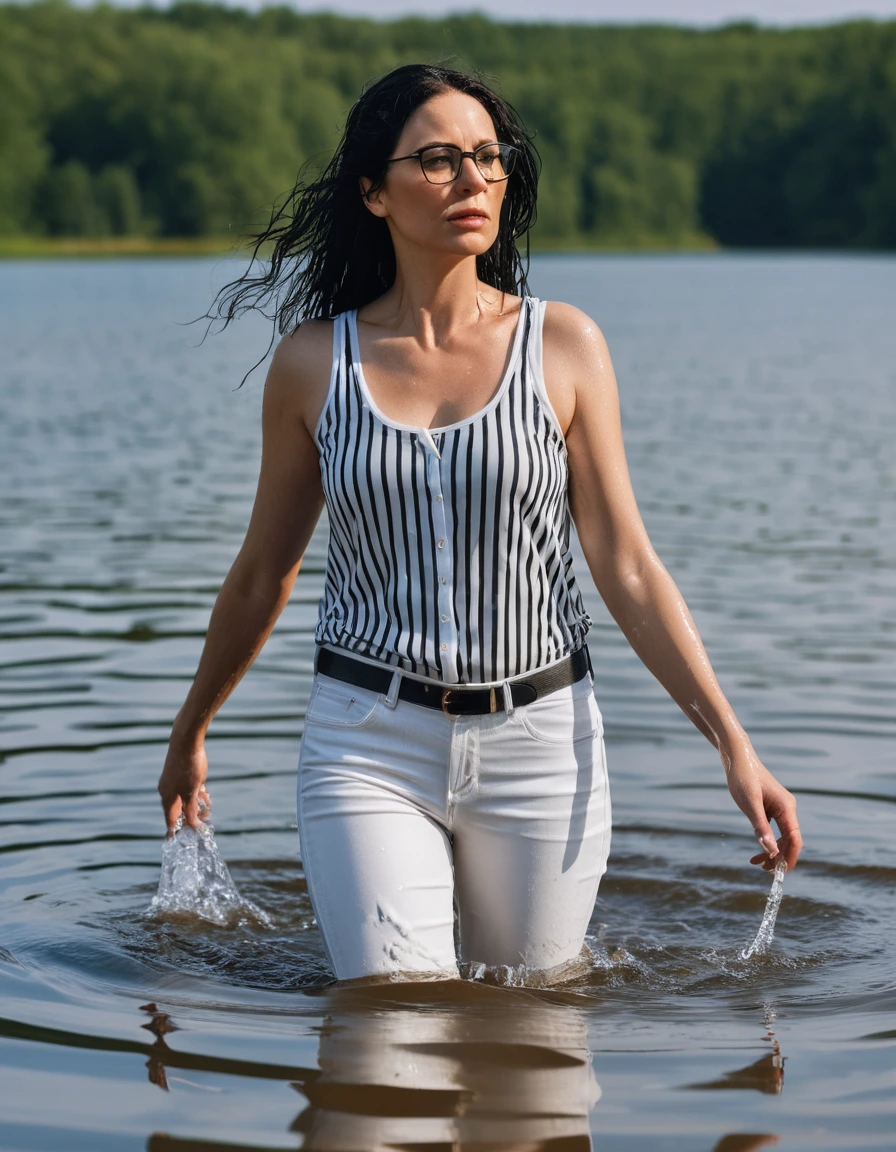 photo of young woman, in soaking wet, drenched clothes,
office shoes , long white leather jeans, white & black striped tank top, walking submerged in sunny deep lake, 
enjoying, wet clothes stuck to body,
detailed textures of the wet clothes, wet face, wet plastered hair,
wet, drenched, professional, high-quality details, full body view.
sharp focus, ultra-high pixel detail, realistic, high-quality, full colors, incredibly detailed, 4k, 8k, 16k, hyper-realistic, RAW photo, masterpiece, ultra-detailed, professionally color graded, professional photograph, woman 51 years old, long black hair, very big and thick lips, office glasses, complete body, open mouth, dry skin, dry clothes, dry fabric, dry skin, dry clothes, dry fabric, dry skin, dry clothes, dry fabric