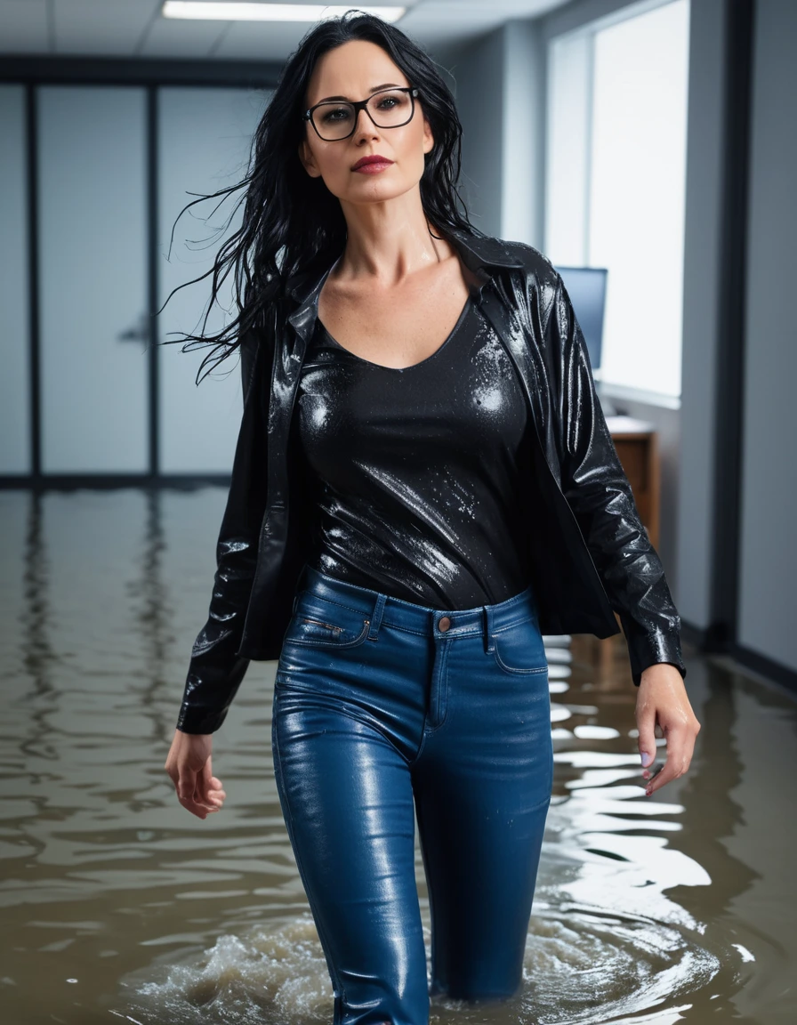 photo of young woman, in soaking wet, drenched clothes,
office shoes , long blue leather jeans, black leather jeans tank top with long sleeves, walking in flooded office, 
enjoying, wet clothes stuck to body,
detailed textures of the wet clothes, wet face, wet plastered hair,
wet, drenched, professional, high-quality details, full body view.
sharp focus, ultra-high pixel detail, realistic, high-quality, full colors, incredibly detailed, 4k, 8k, 16k, hyper-realistic, RAW photo, masterpiece, ultra-detailed, professionally color graded, professional photograph, woman 51 years old, long black hair, very big and thick lips, office glasses, complete body, open mouth, dry skin, dry clothes, dry fabric, dry skin, dry clothes, dry fabric