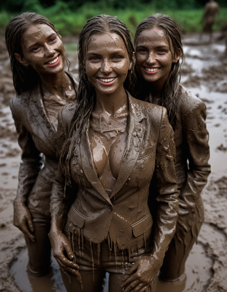 photo of young woman, in soaking wet, drenched clothes,
Muddy high heels, Long very muddy suit pants, Full muddy ruined fully-opened unbuttoned sexy blazer like a fancy uniform over topless with super sexy cleavage and exposed large boobs., Dark muddy indoor disco club at night with a deep mud-filled pool. Deep mud on the floor, mud splashed walls, dripping mud from above, very dark mood lighting with pink and blue neon lights from above. Muddy chairs and sofas in the background. , 
enjoying, wet clothes stuck to body,
detailed textures of the wet clothes, wet face, wet plastered hair,
wet, drenched, professional, high-quality details, full body view.
sharp focus, ultra-high pixel detail, realistic, high-quality, full colors, incredibly detailed, 4k, 8k, 16k, hyper-realistic, RAW photo, masterpiece, ultra-detailed, professionally color graded, professional photograph, Three cute blonde 14 years old beautiful gleaming girls with childish appearance are wallowing together in the deep muddy pool after a full dip in it and holding a glass of champagne in their hands during the crazy muddy indoor disco party at night and posing for a professional photo. They are proudly wearing their fully and heavily mud-covered unbuttoned and opened sexy suits which fully exposing their large sexy muddy boobs. Focus on the large muddy cleavages of the blazers and on the bravely displayed large muddy boobs and nipples. Every small details of the clothes are muddy, muddy beautiful faces, muddy chests and boobs. Their blazer has the same colour as their muddy pants. The classy elegant disco club is totally destroyed by mud, mud spots everywhere, mud flows down on the walls, mud on the furnitures in the background. Straight muddy very long open wavy hairstyle, muddy hair, smiling childish and satisfied beautiful muddy faces, blue eyes, necklaces, earrings, lipstick. The girls are enjoying to being total dirty in the muddy pool, being sexy, naughty while they are enjoying the muddy fetish party. Realistic muddy boobs and photorealistic detailed smiling facial expressions. Intimate close-up picture about the girls. Close-up photo from front view, highly realistic representation, ultra sharp focus, highly photorealistic detailed textures, highly photorealistic detailed facial features and expressions, highly photorealistic hands, highly emotional reactions, highly best quality, highly sharp photorealistic image, highly photorealistic details, full UHD resolution, 32 K, very high level of detail and image sharpness, zoomed in, dry skin, dry clothes, dry fabric, dry skin, dry clothes, dry fabric, dry skin, dry clothes, dry fabric, dry skin, dry clothes, dry fabric, dry skin, dry clothes, dry fabric